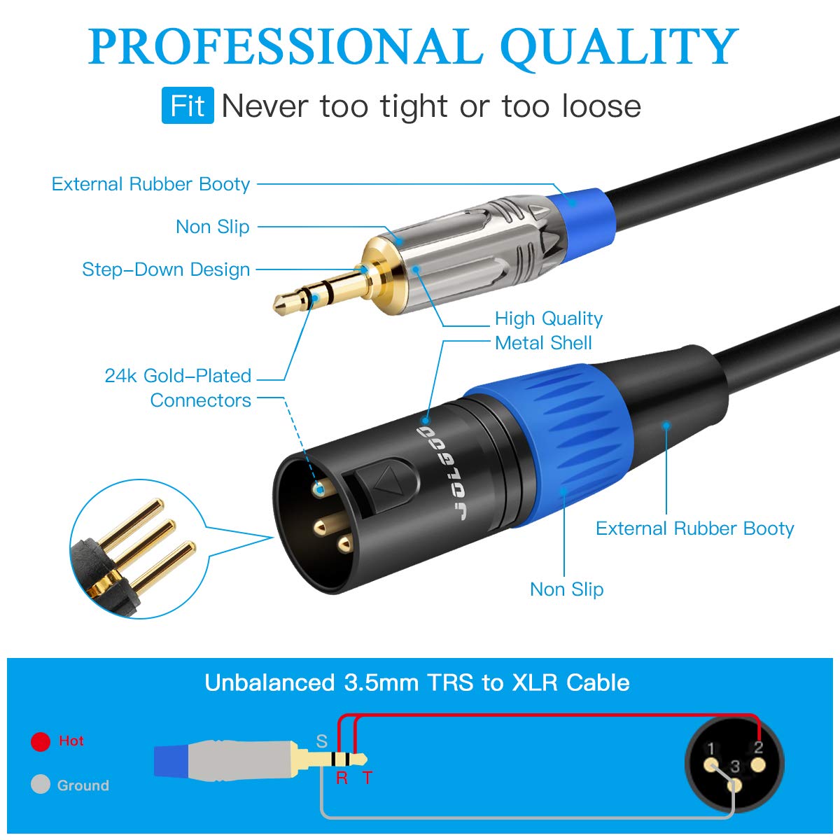 JOLGOO 3.5mm to XLR Cable, Unbalanced 1/8 inches Stereo Plug to XLR Male Microphone Cable, XLR to 3.5mm Cable Compatible with iPhone, iPod, Computer, Video Camera, and More, 1 Meter