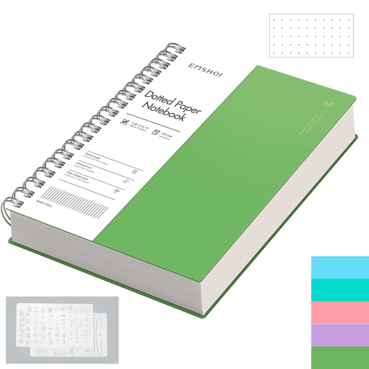EMSHOI B5 Spiral Notebook Bullet Dotted Journal, 300 Pages/150 Sheets, 100gsm Dot Grid Paper, Waterproof Hardcover, Wirebound Notepad for Office School Women Men Work Writing,19 x 25 cm, Green