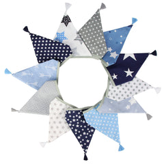 G2PLUS Fabric Bunting Banner with Tassel, 3.3M Double Sided Cotton Tassel Banner with 12 Blue and Grey Triangle Pennants, Vintage Cloth Garlands for Nursery Bedroom Playhouse Decoration