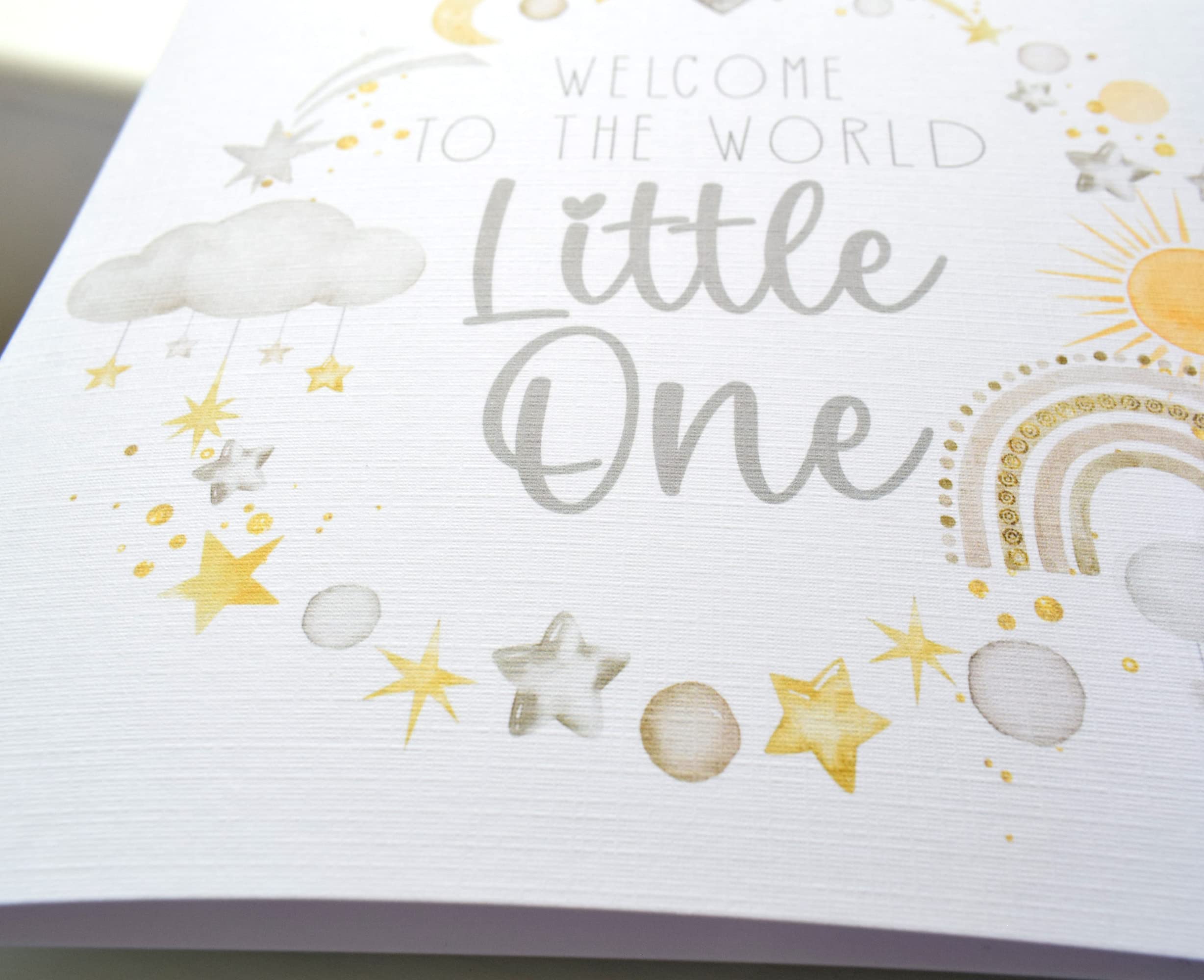 New Baby Card. Girl or Boy. Gender Neutral. Newborn Congratulations. Welcome to World Card. Watercolour Grey Yellow Cloud Star Rainbow. Square Modern Greeting Card