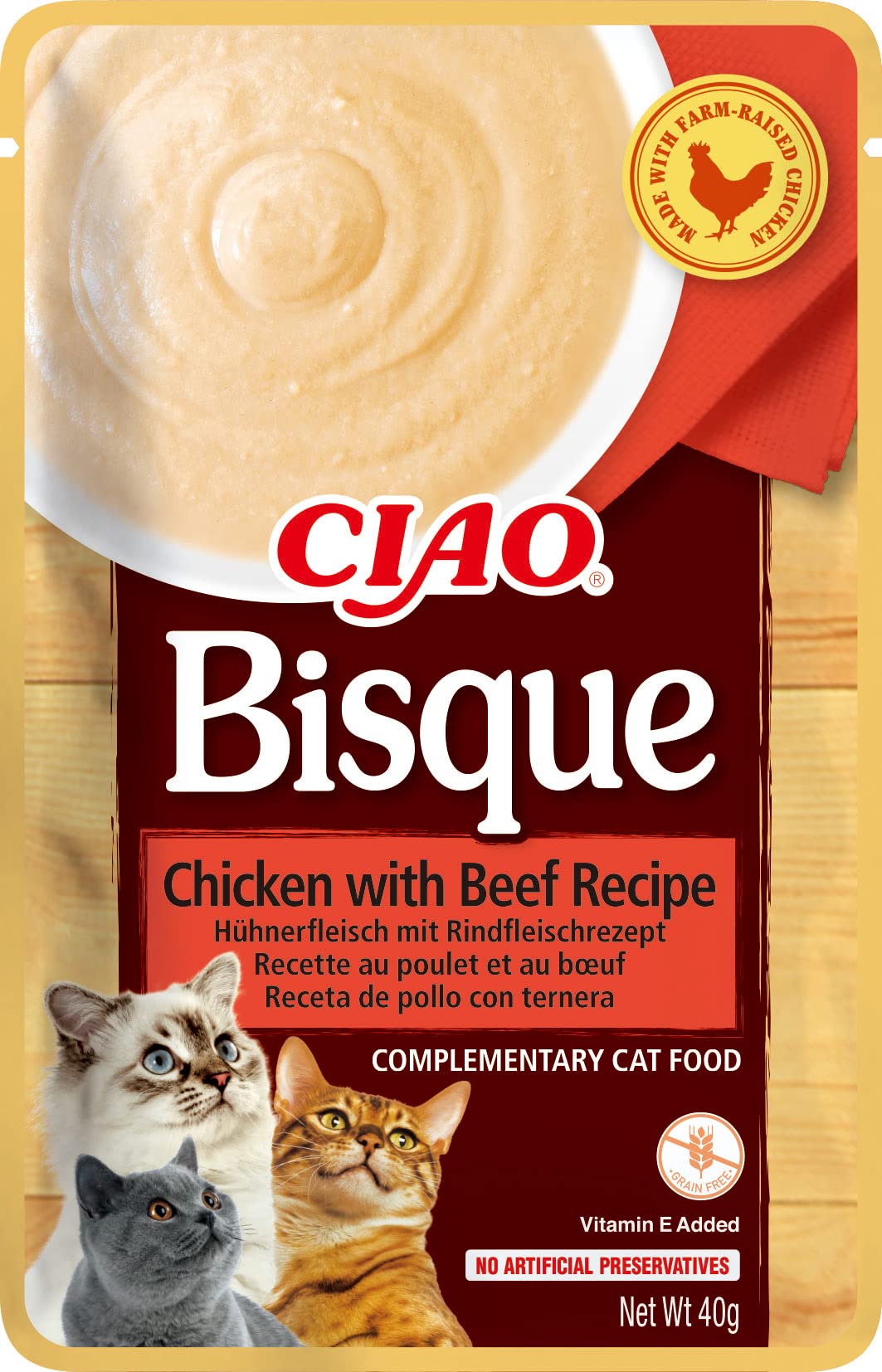 Ciao Bisque by INABA Cat Treat - Chicken with Beef - 1 Pack (40g total) / Moist Cat Treat, Delicious & Healthy Snack, Puree Food Topper, Side Dish, Complement, Natural, Grain Free