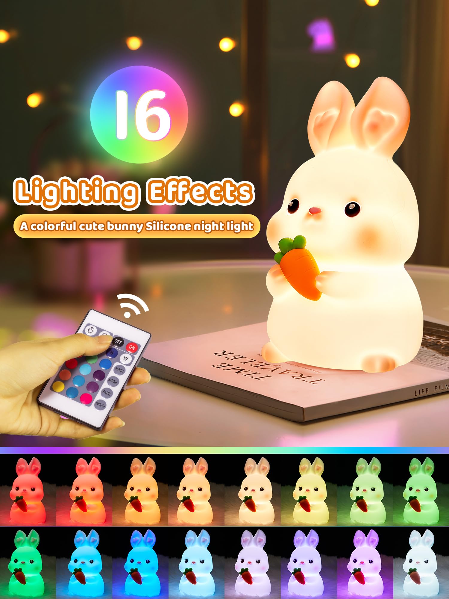 One Fire Bunny Night Light Kids,16 Colorsand5 Brightness Baby Night Light Kids Night Light Bedroom,RemoteandPortable Kids Night Light Baby Night Light Newborn,RechargeableandColdless Girls Night Light Kids