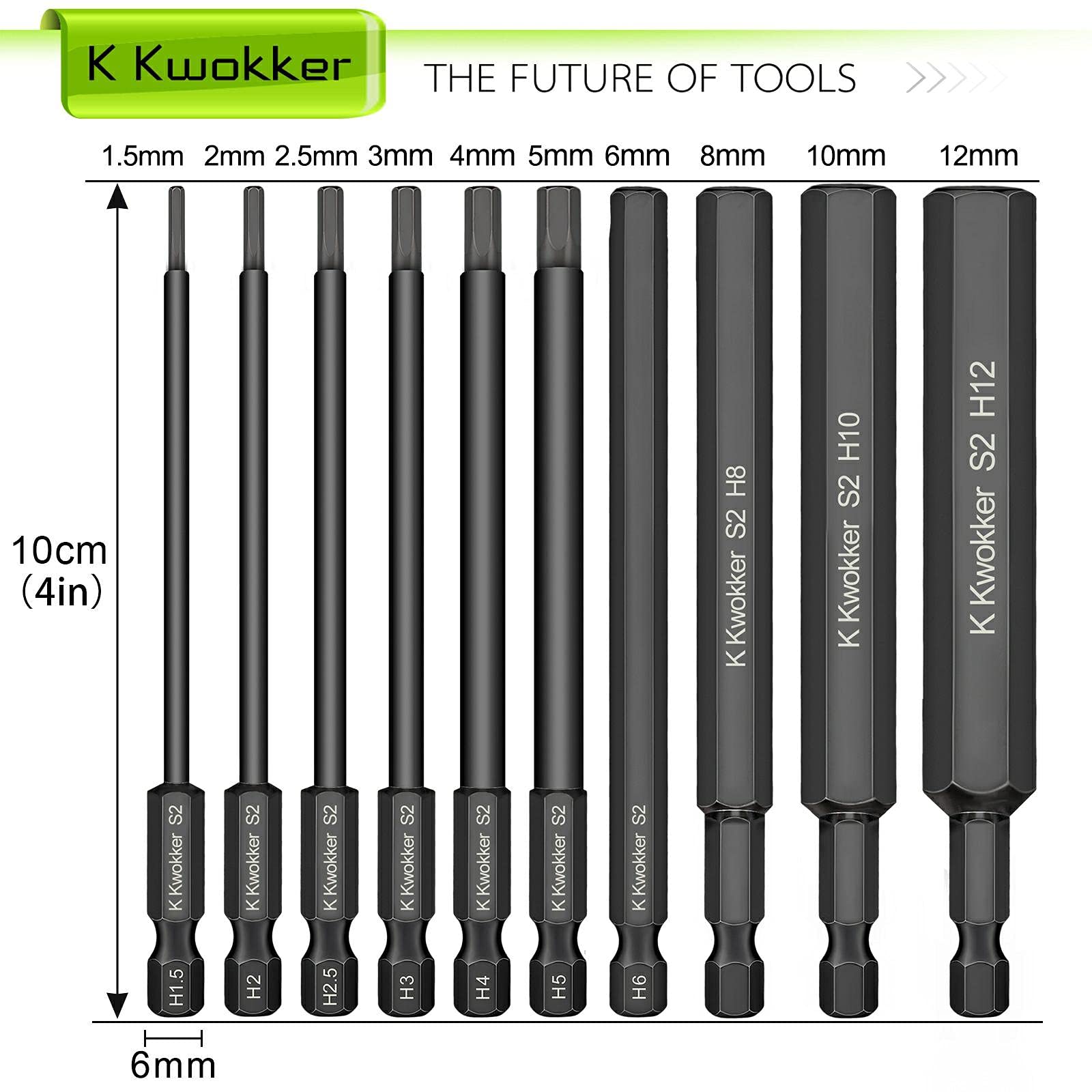 K Kwokker 10PCS 100MM Allen Wrench Drill Bits, 1.5mm-12mm Black Allen Key Bit Set, 1/4 Inch Hex Shank Hex Screwdriver Bit Set for Assembling Furniture