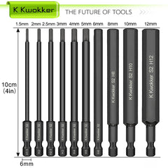 K Kwokker 10PCS 100MM Allen Wrench Drill Bits, 1.5mm-12mm Black Allen Key Bit Set, 1/4 Inch Hex Shank Hex Screwdriver Bit Set for Assembling Furniture