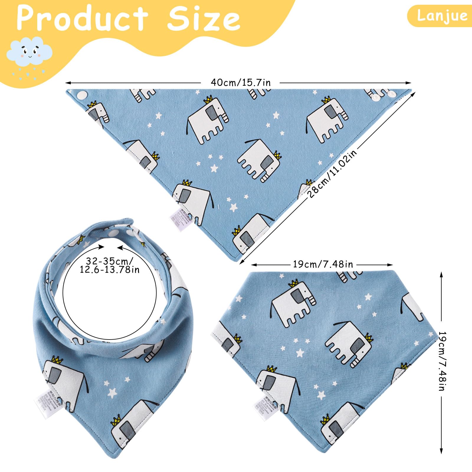 Baby Bandana Dribble Bibs, 10-Pack Cotton Baby Feeding Bibs Super Absorbent Drool Bibs with Adjustable Snaps for Newborn and Toddlers (Blue)