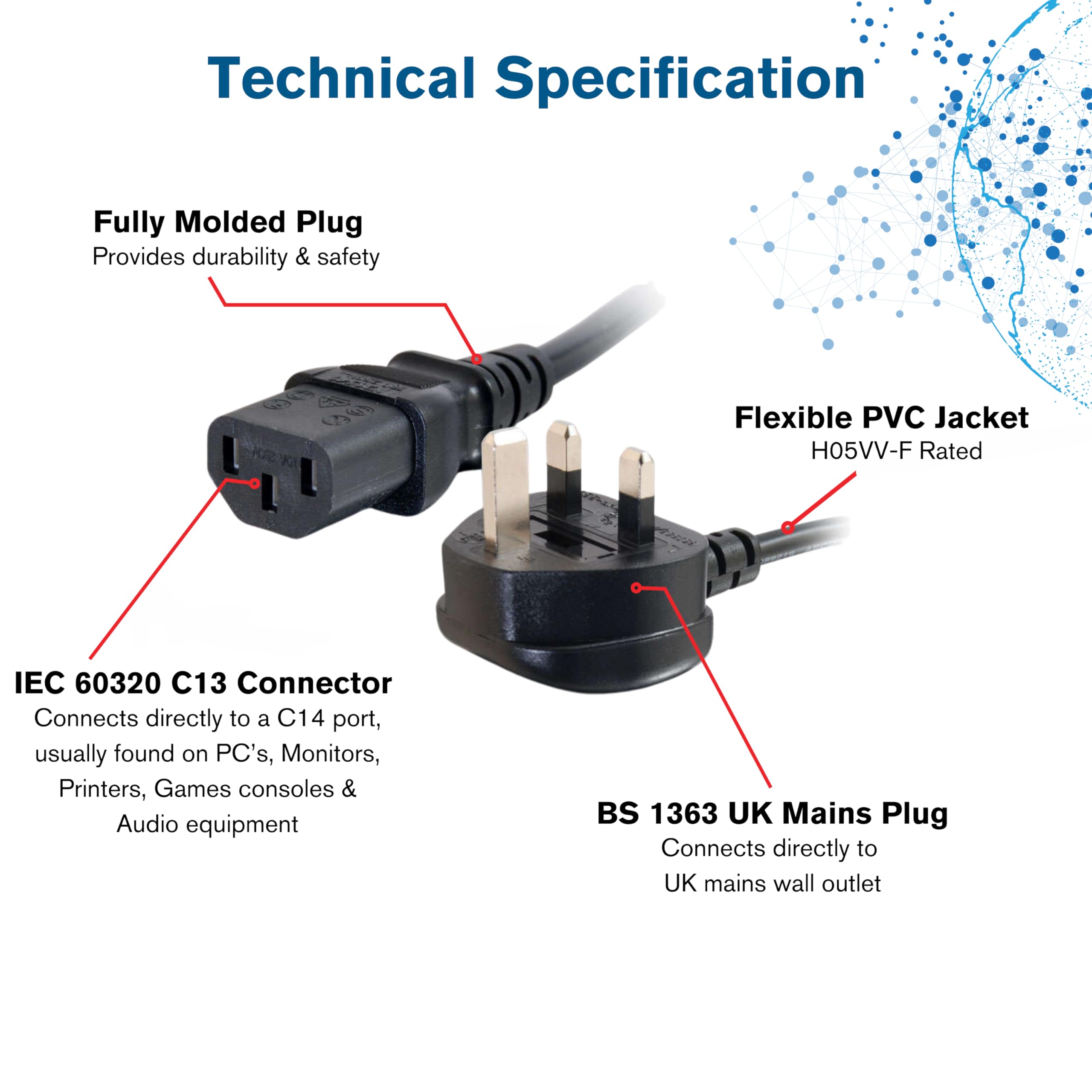 C2G 88512 1 Metre UK Power Cable IECC13 to BS1363 3 Foot Kettle Lead Power Cord, Black