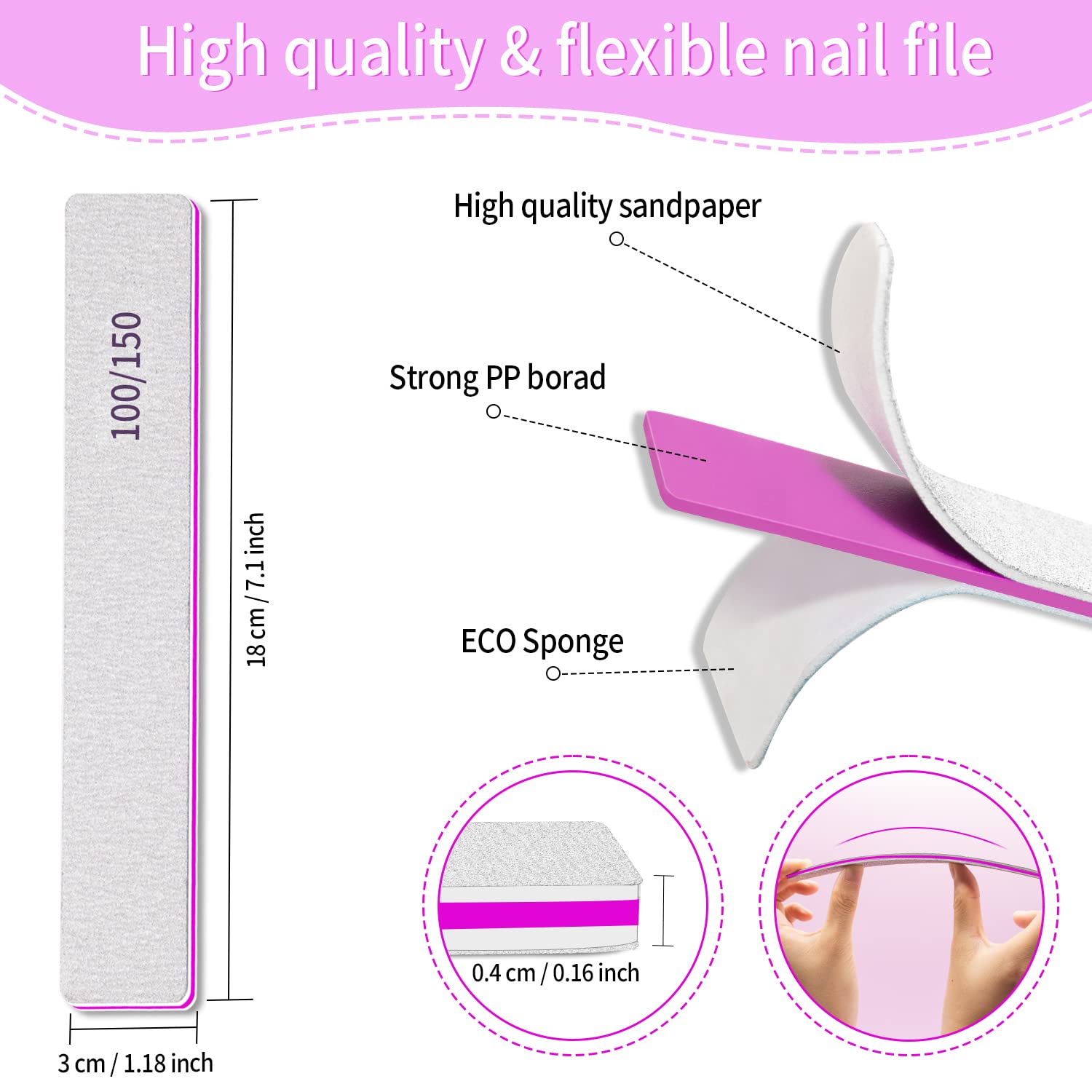 Professional Nail File-100/150 Grit Double Sided Reusable 12pcs Nail Files for Acrylic Nails, Nail Files for Natural Nails at Home and Salon