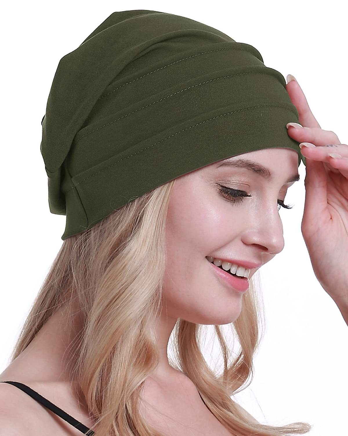 osvyo Cotton Chemo Hats Soft Caps Cancer Headwear for Women Hair Loss Sealed Packaging Army Green, Army Green