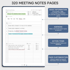 EMSHOI Meeting Notebook A4 Project Organiser - 240 Pages Hardback Notepad with Sticky Notes,100gsm Paper, Pen Loop, Inner Pocket, Leather Journal for Women Men Work Business, 21.5 x 29cm - Blue