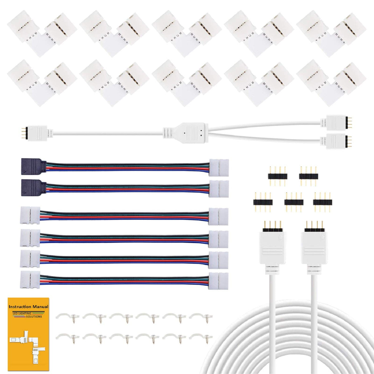 REDTRON LED Light Connector Kit, 10mm RGB LED Connector Includes 10x L Shape Connectors,2M LED Strip Light Extension Cable,4X Strip to Strip Jumpers,5X 4 Pin Male Connectors