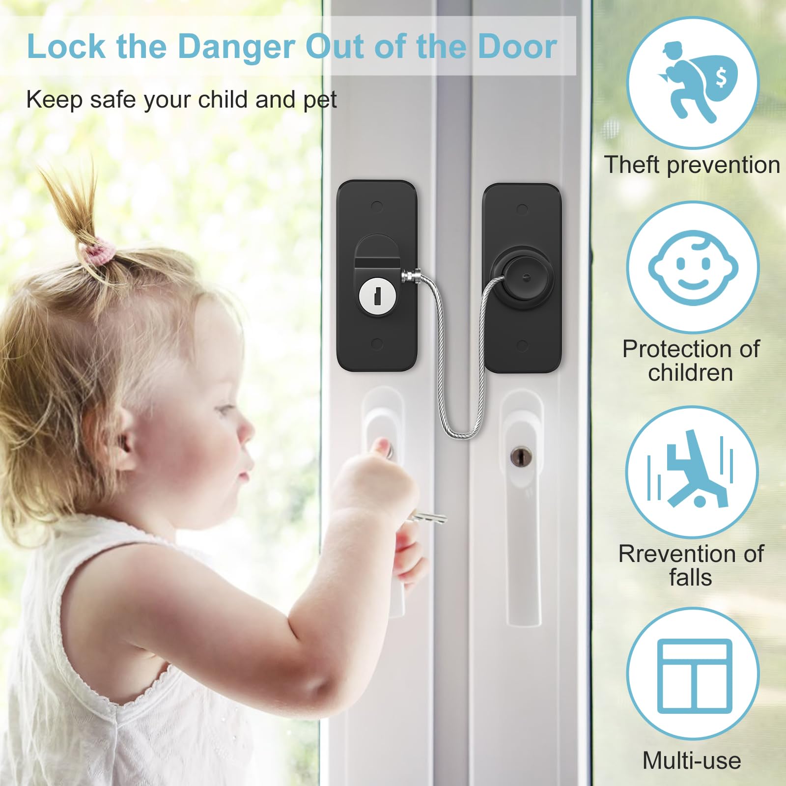 Window Safety Lock Black AOSITE 2 Packs Versatile Window Restrictor Self Adhesive for UPVC No Drilling Window Locks, Refrigerator Lock with Key Child Pet Child Safety Cable Lock for Childproof