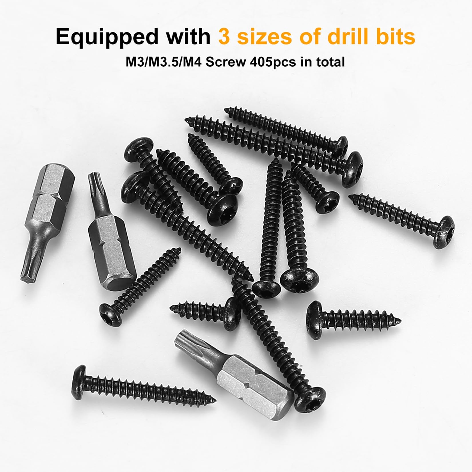 405 pcs Black Stainless Steel Torx Head Screws Set, M3/M3.5/M4, Flat & Round Head Woodbuilding and Self-tapping Screws Assortment Kit, with 3pcs Drill Bits