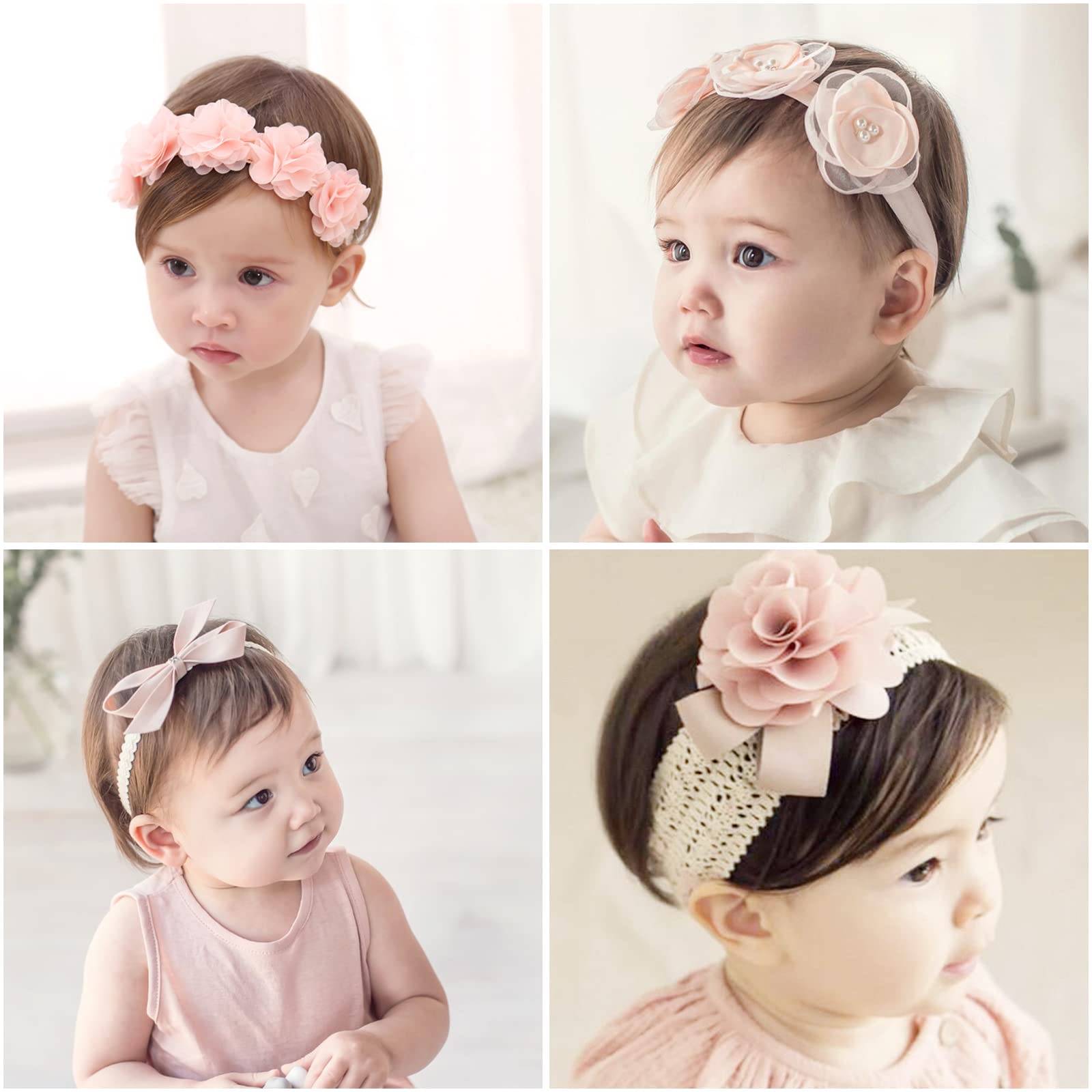 Obidodi 4pcs Baby Headbands, Cute Baby Bows Headband Flower Headbands, Elastic Baby Girls Headbands Soft baby hair bands, Pink Hair Accessories for Newborns Infants Toddlers, 50cm