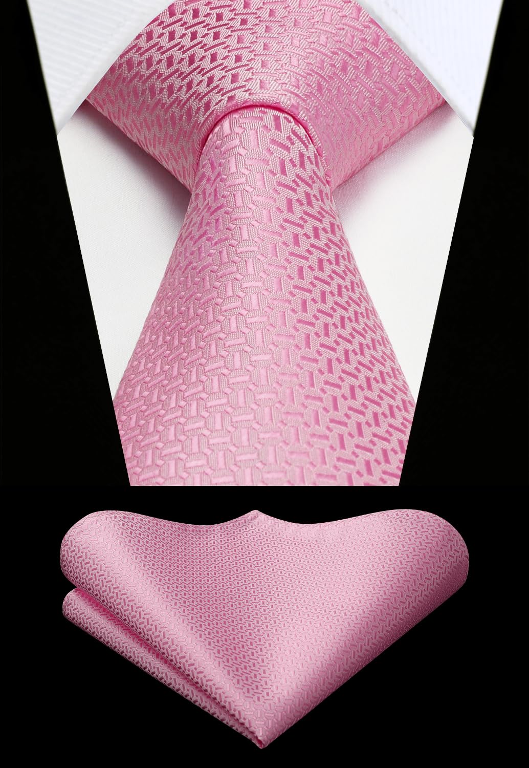 HISDERN Ties for Men 3.4 inch Pink Tie and Pocket Square Set Classic Silk Tie for Bridegroom Wedding Party Business