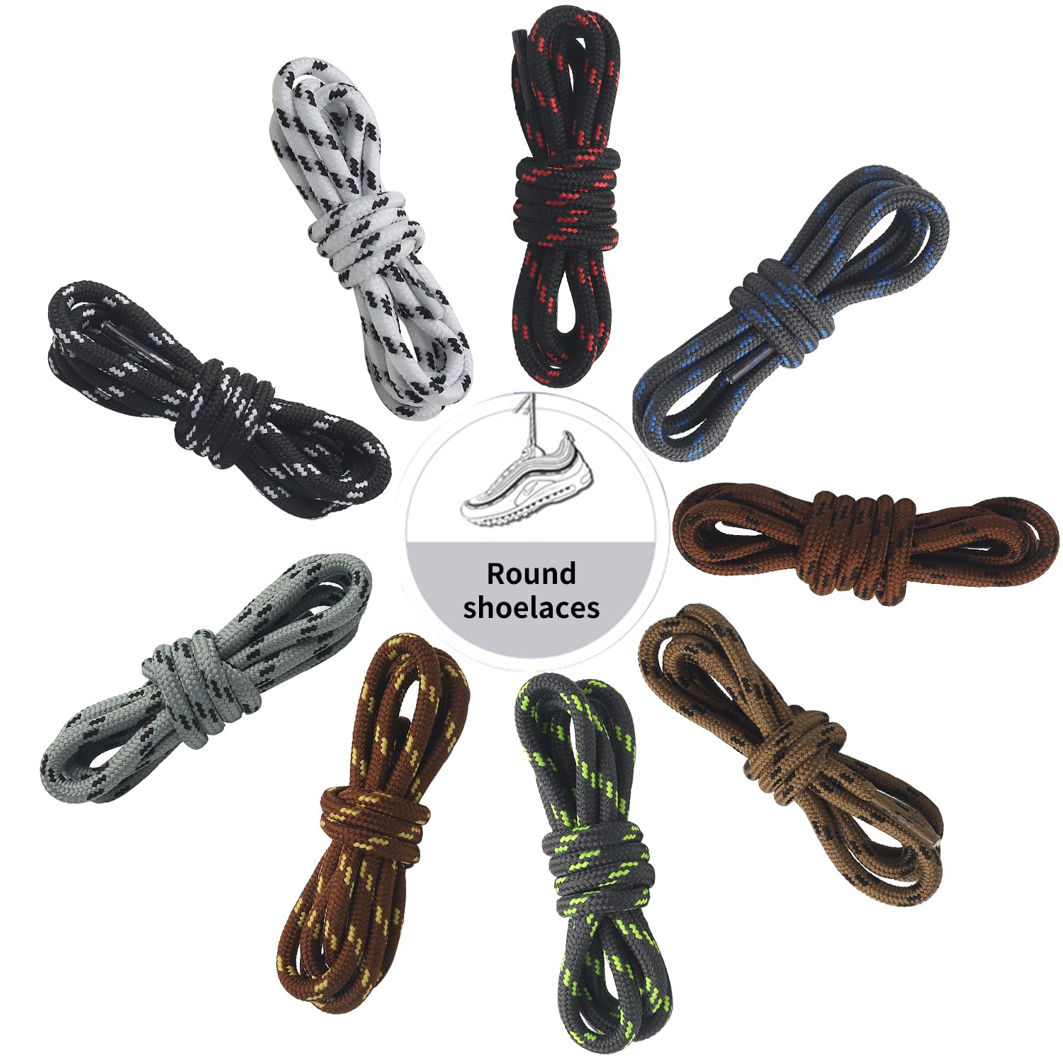 Kueimovi 4 Pairs Round Work Boot Laces, Heavy Duty Round Shoelaces for Trainers Shoes, Walking Boots, Hiking Boots and Safety Boots, Thick Replacement Boot Shoelaces, Black/Green, 47 inches (120cm)