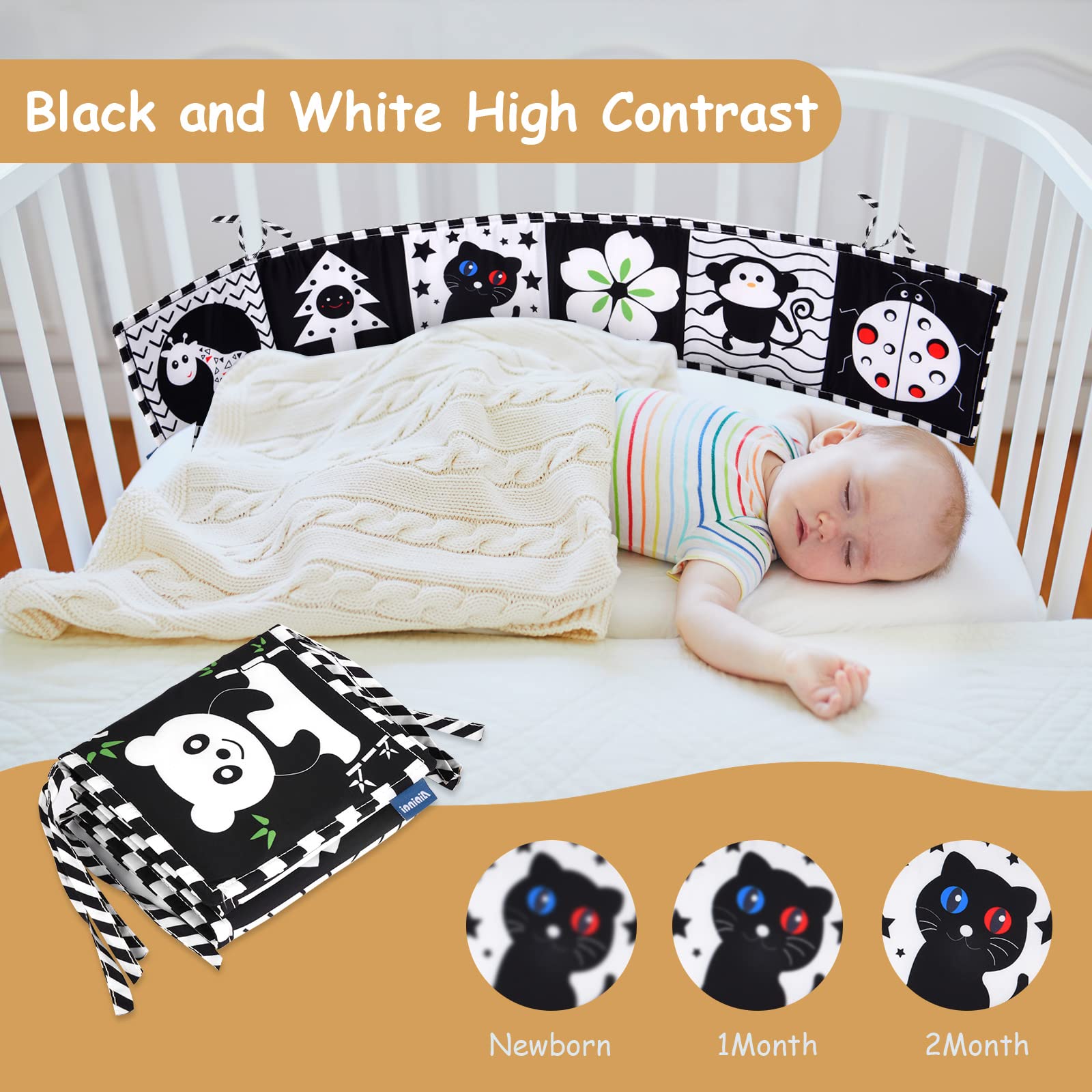 Vicloon Baby Soft Books, Baby Cloth Book, Black and White High Contrast Soft Cloth Book for Early Learning, Foldable Soft Fabric Quiet Book, Touch and Feel Crinkle Cloth Books for Babies First Book