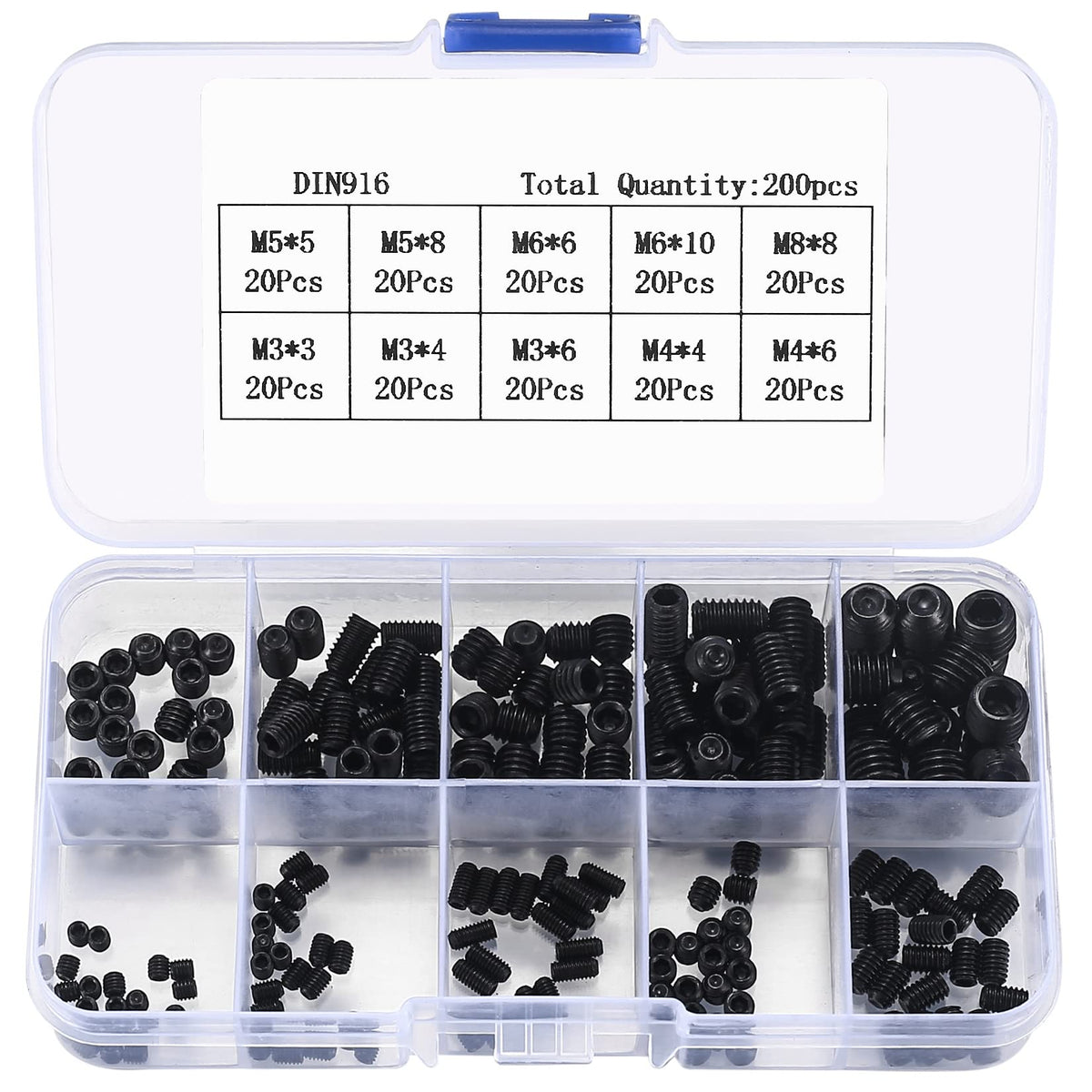 200 Stk Madenschrauben Sortiment Set, Gewindestifte Schrauben, Sechskantkopf Inbusschraube, Hex Grub Kopf Maschinenschraube Schraube Befestigungsteile Kits, M3/M4/M5M6/M8