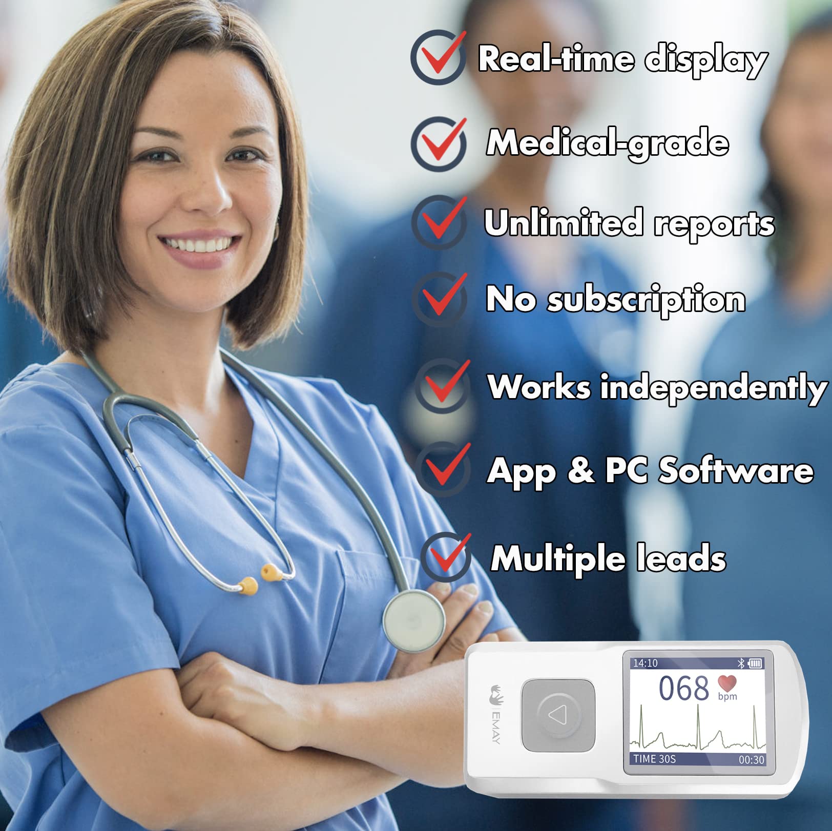 EMAY Bluetooth Portable ECG/EKG Monitor (for iPhone & Android, Mac & Windows)   Wireless Personal ECG Monitor Works with Smartphones   Records Rhythm & Heart Rate, Gives Instant Detections (EMG-20)