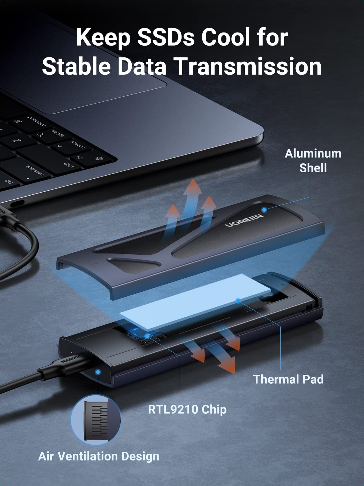 UGREEN M.2 NVMe SSD Enclosure, Tool-Free NVMe Enclosure, 10Gbps NVMe to USB Adapter with USB 3.2 Gen2, Aluminum M2 SSD Enclosure Supports M and B&M Keys and Size in 2230/2242 /2260/2280 SSDs (Black)