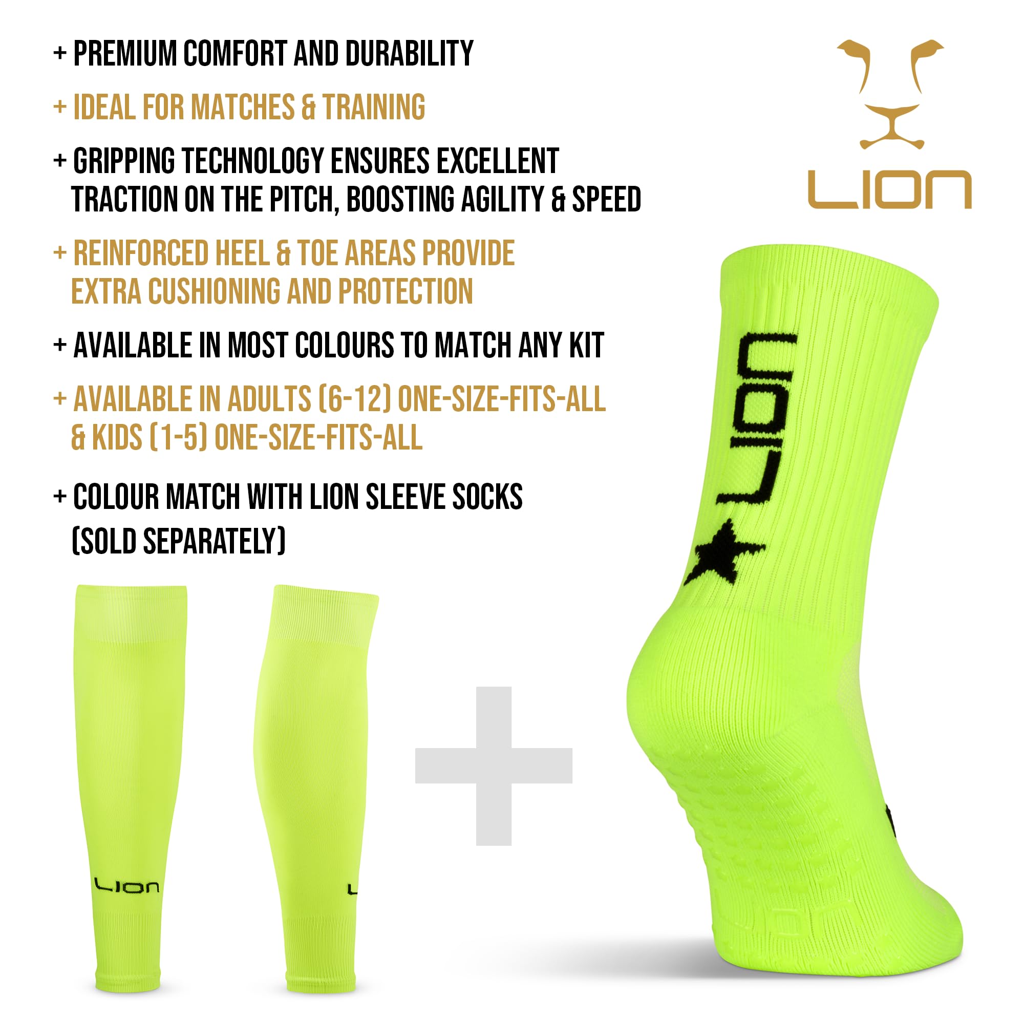 LION SPORTSWEAR Football Grip Socks For Men/Women/Kids - Variety Of Colours To Match Your Team Kit & Sleeve Socks (UK, Alpha, S, Neon Yellow)