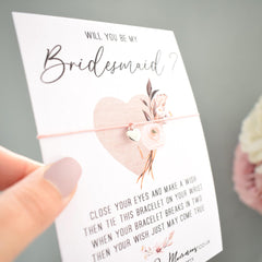 Will You Be My Bridesmaid? Wish Bracelet   Bridesmaid Proposal   Floral & Burlap Boho Heart Design   Tibetan Charm. Wish String Cord Bracelet. Modern Greeting Card