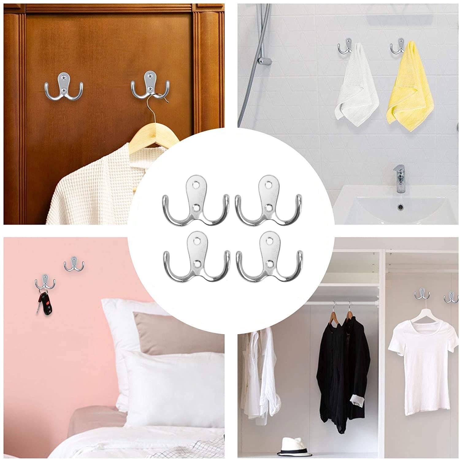 Double Prong Coat Hook Robe Hooks Dual Coat Hooks Wall Mounted Hanging Clothes Metal Door Hooks for Bathroom Bedrooms Hanging Clothes Robe Towel Kitchen (Sliver) - 4PCS