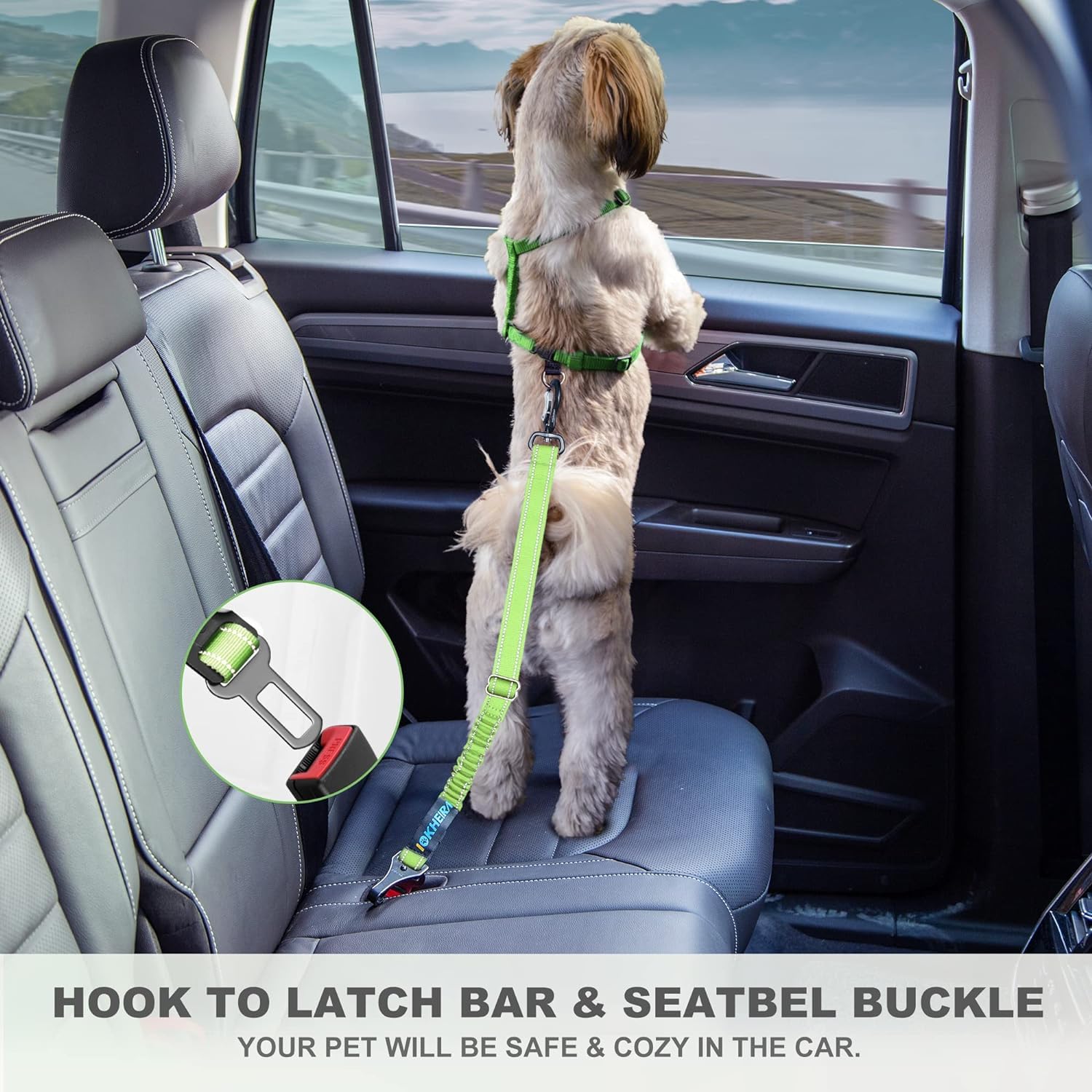 IOKHEIRA Dog Seatbelt, Aviation Aluminum Carabiner Nylon Dog Seat Belt, Adjustable Dog Car Harness, Pet Safety Belt with Hook Latch & Seatbelt Buckle