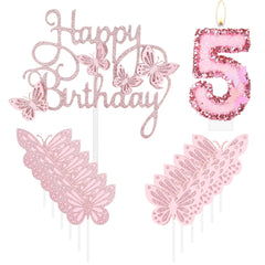 Happy 5th Butterfly Birthday Candles, Pink Number 5 Candle with Butterfly Cake Cupcake Topper for Girls, 5th Birthday Candles Cake Decorations, Cute 5th Birthday Cake Topper for Butterfly Theme Party