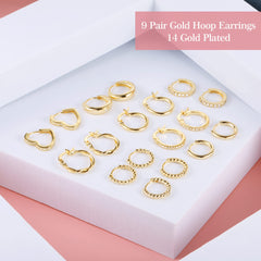 Gold Hoop Earrings Set, 9 Pairs Multipack Small Gold Hoop Earrings for Women, 14k Real Gold Plated Hoop Earrings with AAAand Cubic Zirconia Twist Heart Hypoallergenic Piercing Cartilage Hoops