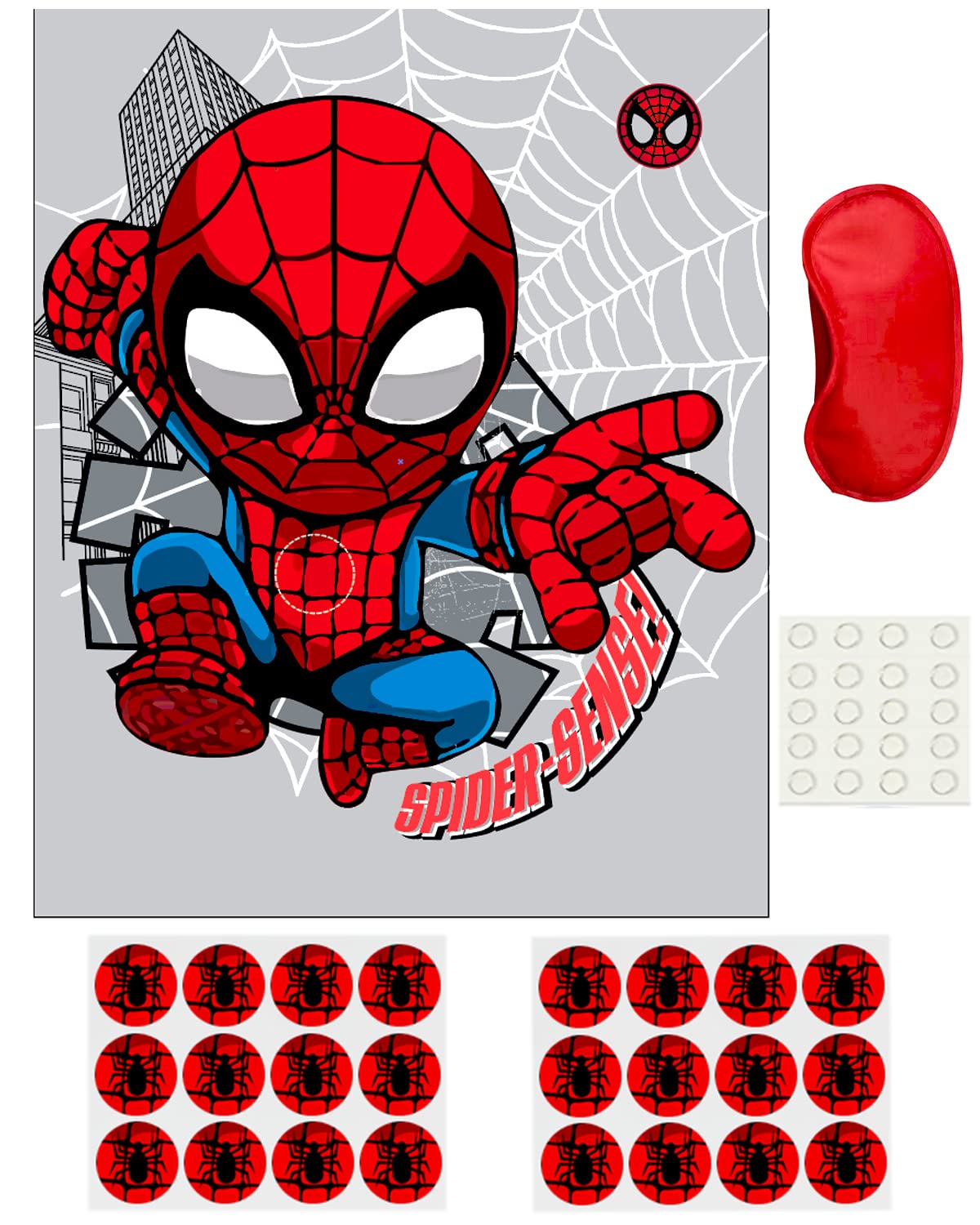 Volsha Pin the Spider on the Spiderman Game, 52×42cm Spiderman Party Game for Kids Girls with 24 PCs Spider Birthday Party Supplies for Wall Home Room Decorations (Spiderman)