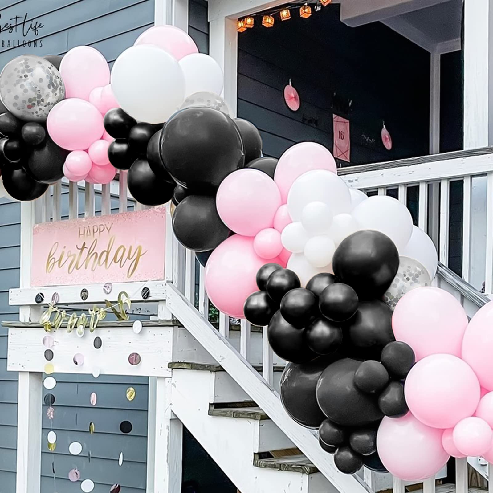 Bealif Pink Black Balloons, 30 Pcs 12 Inch Latex Balloons with Silver Confetti Balloons Pink and Black Theme Party Decorations for Birthday Party Wedding Anniversary Festival Carnival Baby Shower