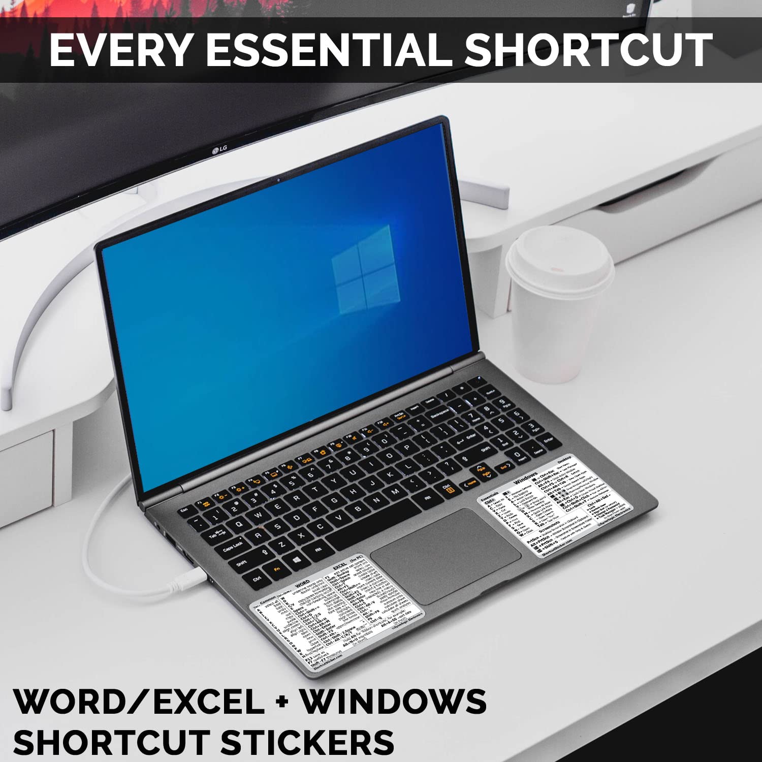 Synerlogic Windows and Word/Excel (for Windows) Quick Reference Guide Keyboard Shortcut Stickers, No-residue Vinyl (White/Large/Combo)