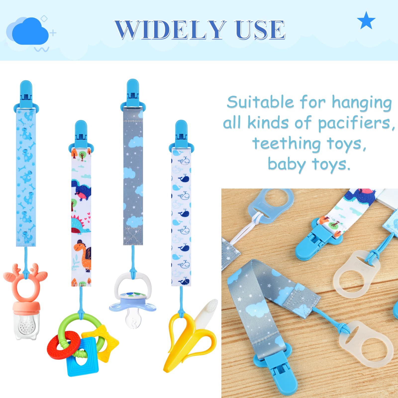 5 Pcs Dummy Clips with 5 Pcs Silicone Adapter, PP Material Baby Pacifier Clip for Boys, Soother Chain Holder Straps Teething Clips for Baby Teething Toys Baby Shower (Blue)