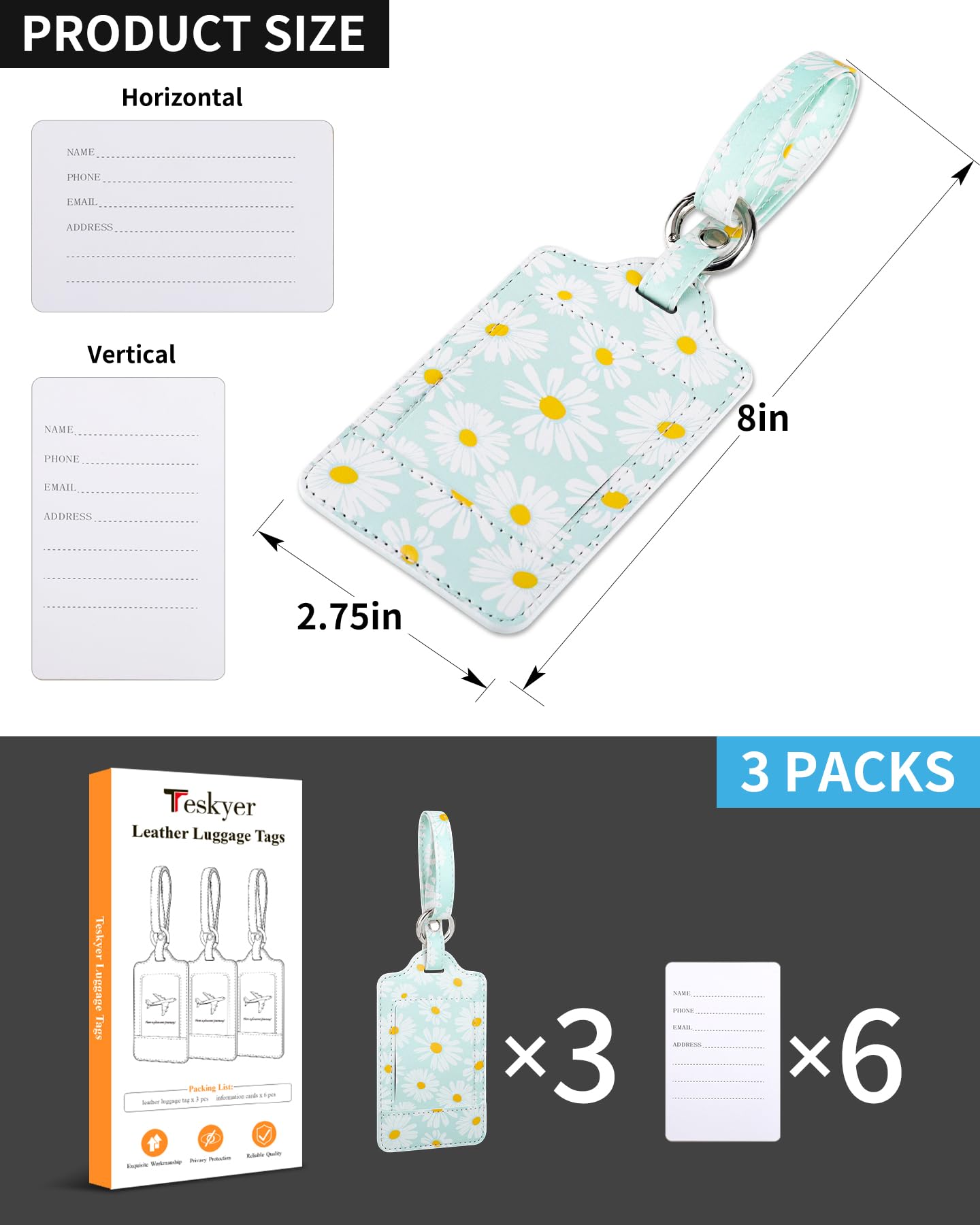 Teskyer 3 Pack Floral Luggage Tags, Luggage Tags for Suitcases, Luggage Labels with Name ID Card, Noticeable, Durable, Travel Accessories, PU Leather, Daisies