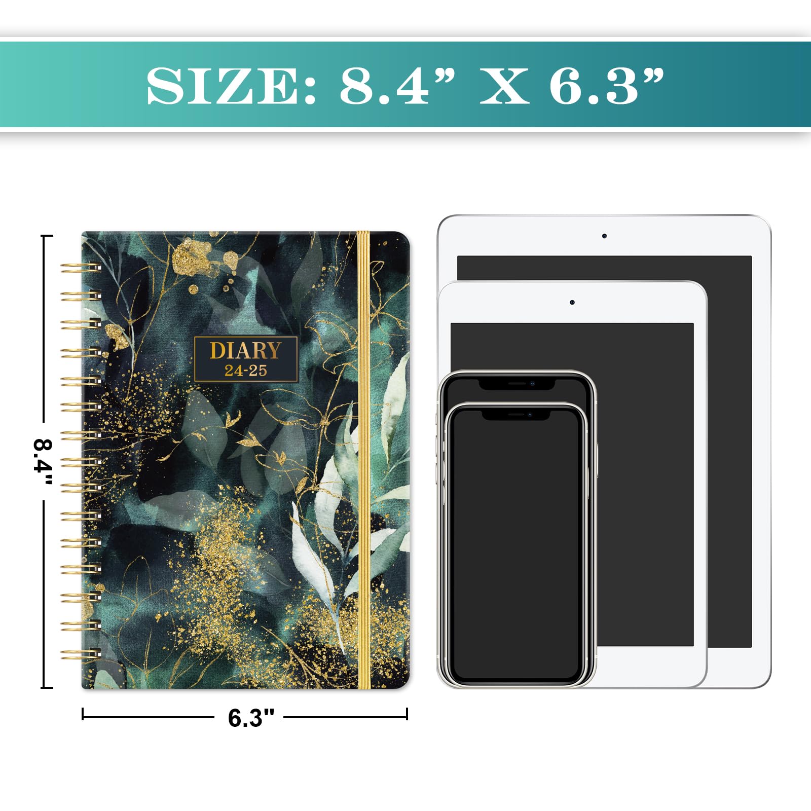 Academic Diary 2024-2025 - Diary 2024-2025 A5 Week to View from August 2024 to July 2025, Twin-Wire Binding, Hard Cover, Elastic Closure, 21.5 x 15.5 x 1.5 cm, Golden leaf
