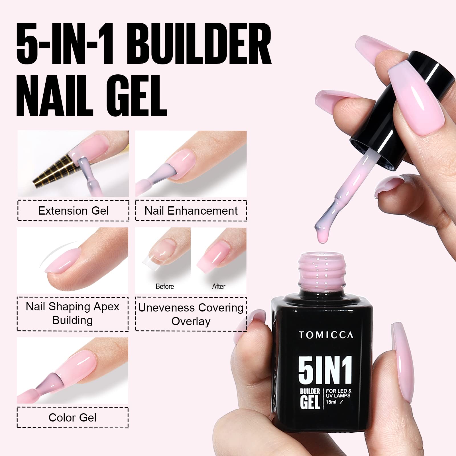 TOMICCA 5 in 1 Builder Nail Gel- 15ML Builder Base Strengthening Light Pink Nail Gel for Hard Strong Nails Tips & Extensions, UV Nail Gel Polish for Nails Repair,Nail Art Decoration Easy to Shape