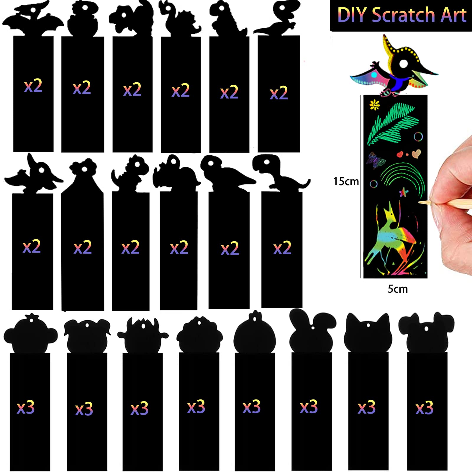 Animal Scratch Art for Kids, 48Pcs Magic Rainbow Bookmarks for Children, Scratch Art Party Bag Fillers, Craft DIY Scratch Paper Art Tags with Wooden Stylus and Ribbons for Classroom Birthday Gifts