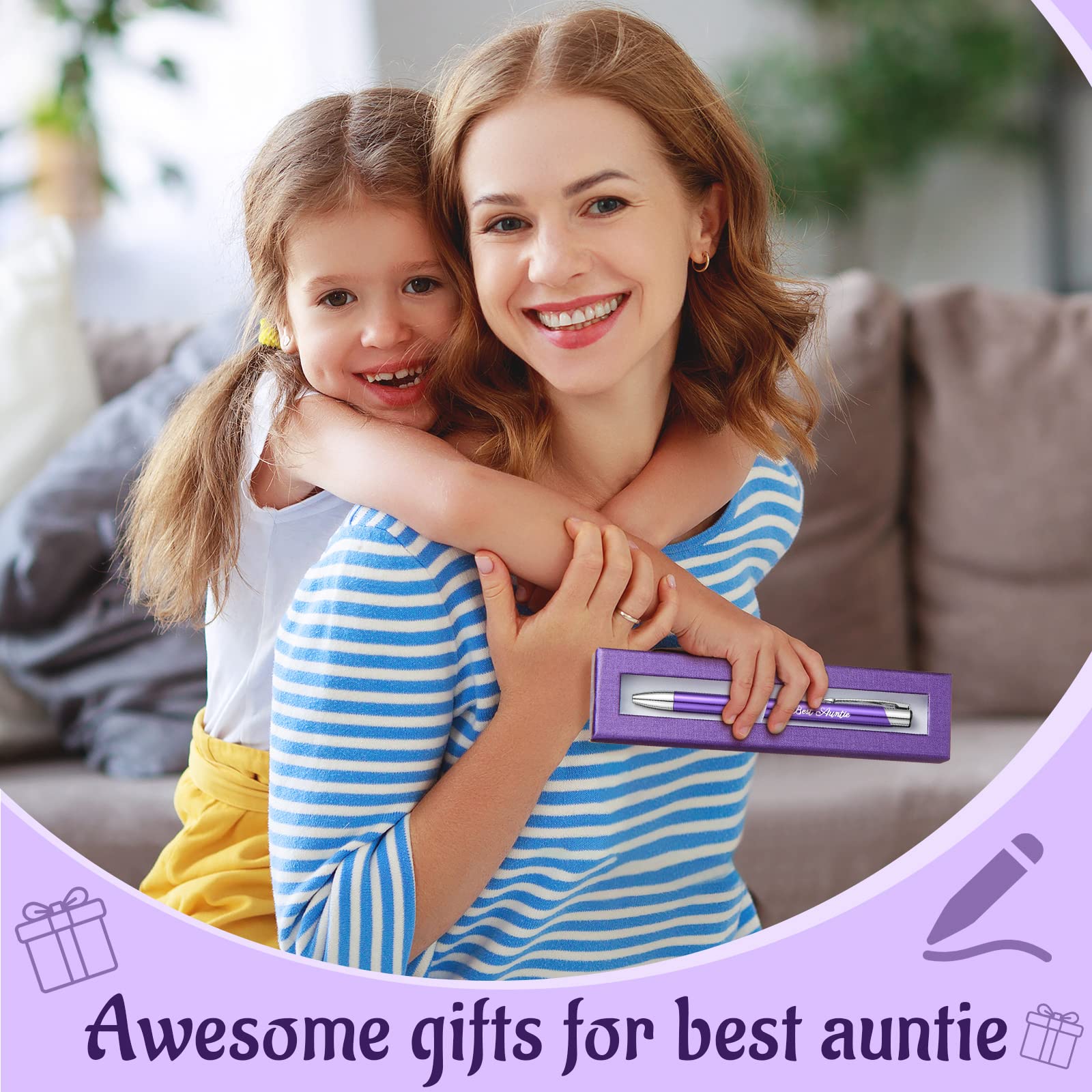 Best Auntie Pen with Christmas Beautiful Gift Box, Auntie Gifts Engraved Metal Ballpoint Purple Pen Black Ink Business Signature Office Supplies for Women Birthday