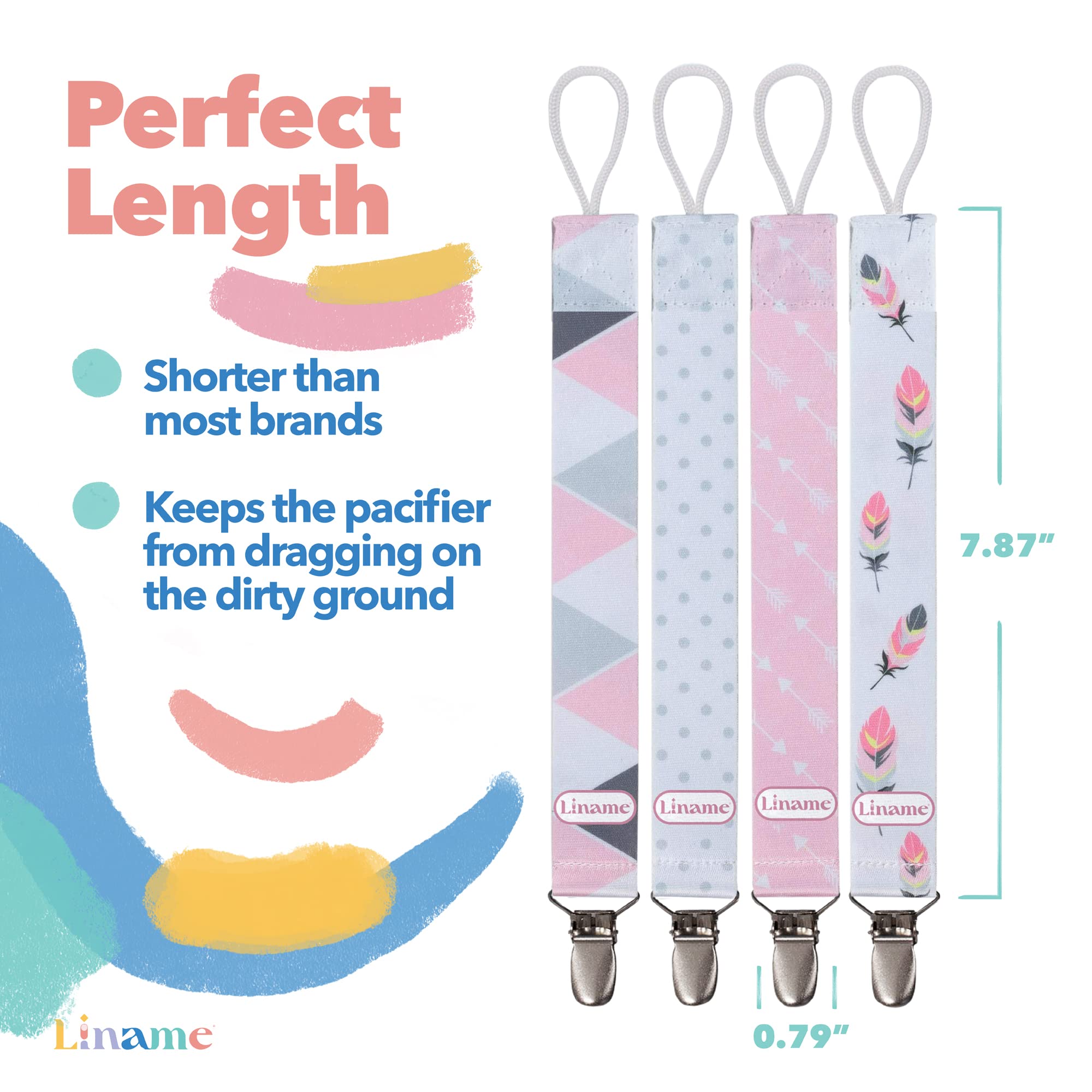 Liname Dummy Clip for Girls Boys with Bonus Teething Toy - 4 Pack Gift Packaging - Premium Quality & Unique Design - Dummy Clips Fit All Dummies & Soothers - Perfect Baby Gift (Pink, Metal Clip)