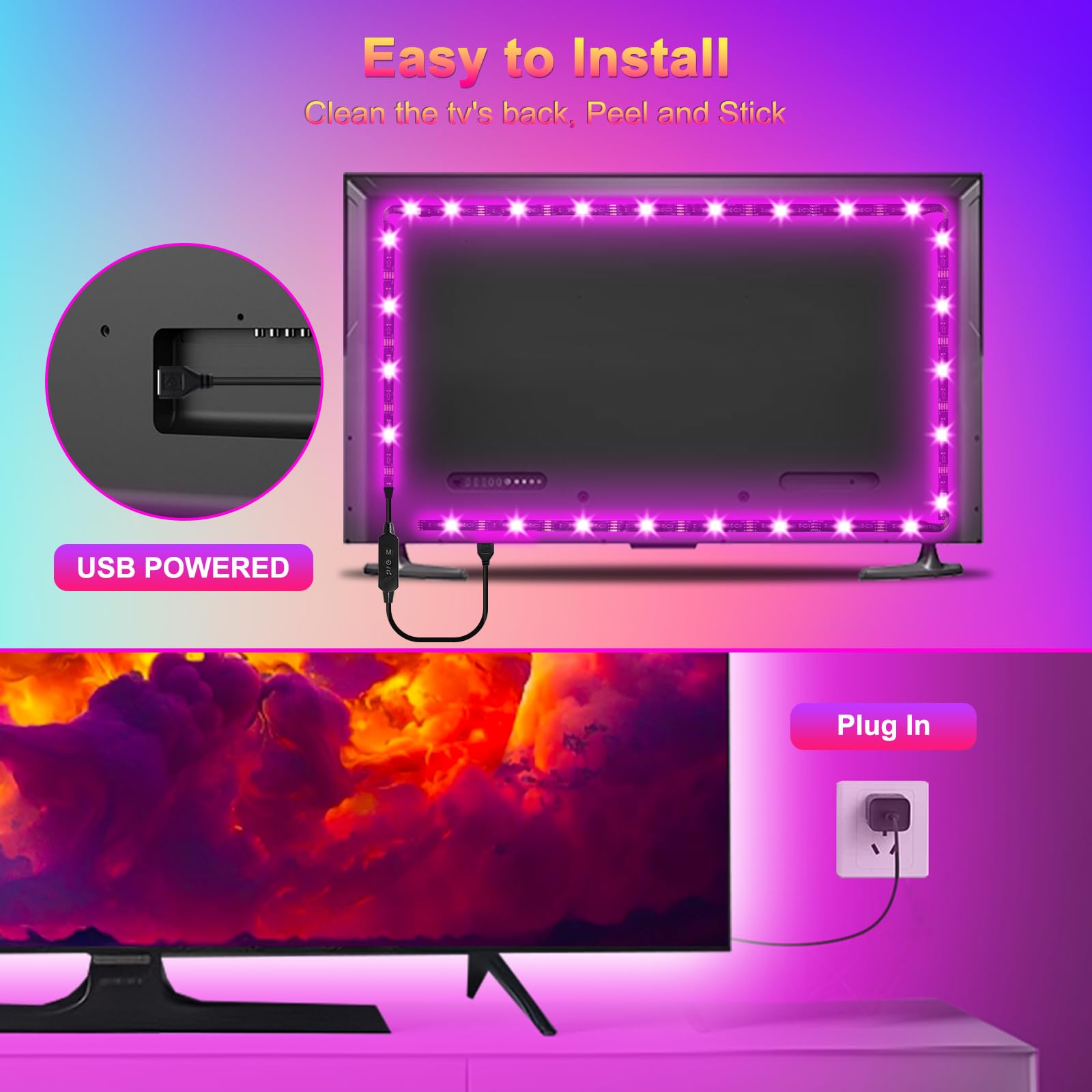 Daymeet TV Backlight, 5M Led Lights for TV for 55-75 inch, LED TV Backlights for Music Sync TV Light Bluetooth App Remote Control USB Led Strip Lights for Bedroom Gaming Room Party Decor