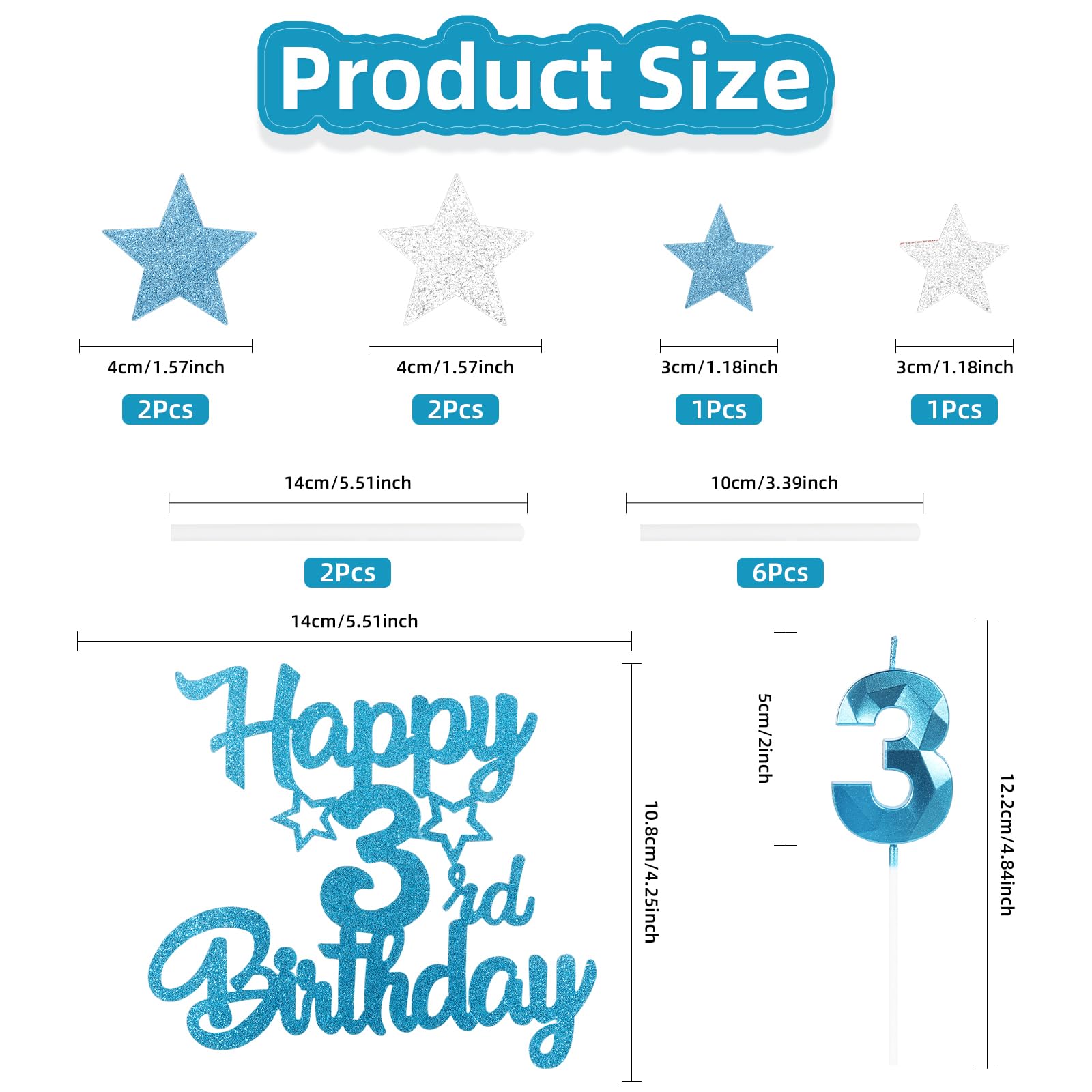 mciskin Happy 12th Birthday Candles Cake Toppers Set, Blue Number 12 Candle for Birthday Cake, Birthday Candles Cake Toppers for Girls Boys Birthday Decorations, Blue Silver Star Cake Cupcake Toppers