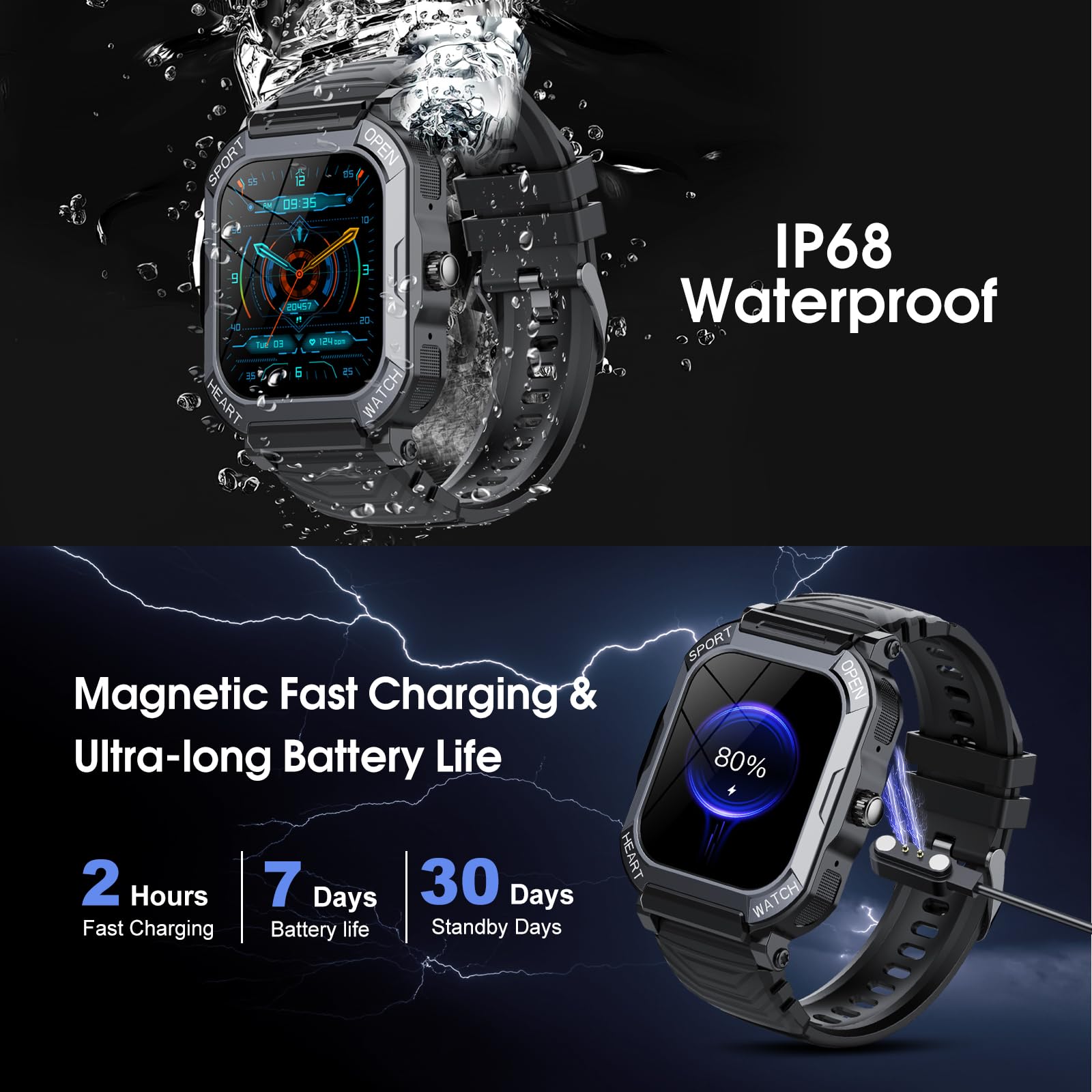 Smart Watch for Men Answer/Make Calls, 1.85 inches Touch Screen Smartwatch with Heart Rate Sleep Monitor Step Counter, 113 Sports Modes Fitness Watch, IP68 Waterproof Fitness Tracker for Android iOS, Black