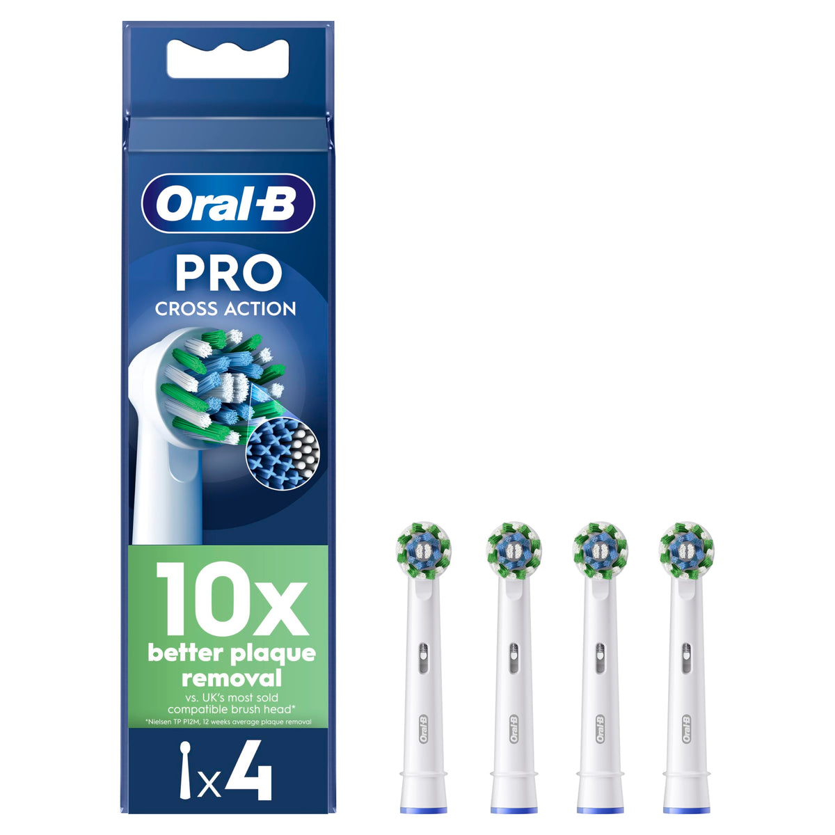 Oral-B Pro Cross Action Electric Toothbrush Head, X-Shape And Angled Bristles for Deeper Plaque Removal, Pack of 4 Toothbrush Heads, White