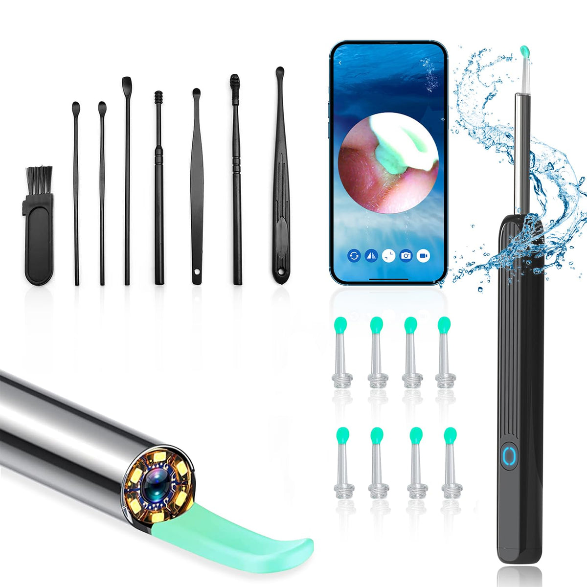 NE3 Ear Wax Removal Kit 3.6mm 1296p HD Wireless Pocket LED Camera,with App Control,IPX7 Waterproof Ear Endoscope with 8 Ear Cleaner Kit for Kids,Adults,Pets Available for iOS&Android.(Black)