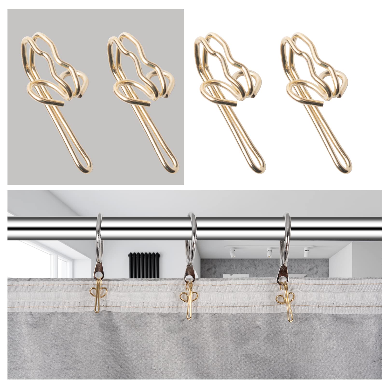 Curtain Hooks Metal Curtain Header Tape Drapery Hooks for curtains 2.9x1.2cm (100 Pack gold)……