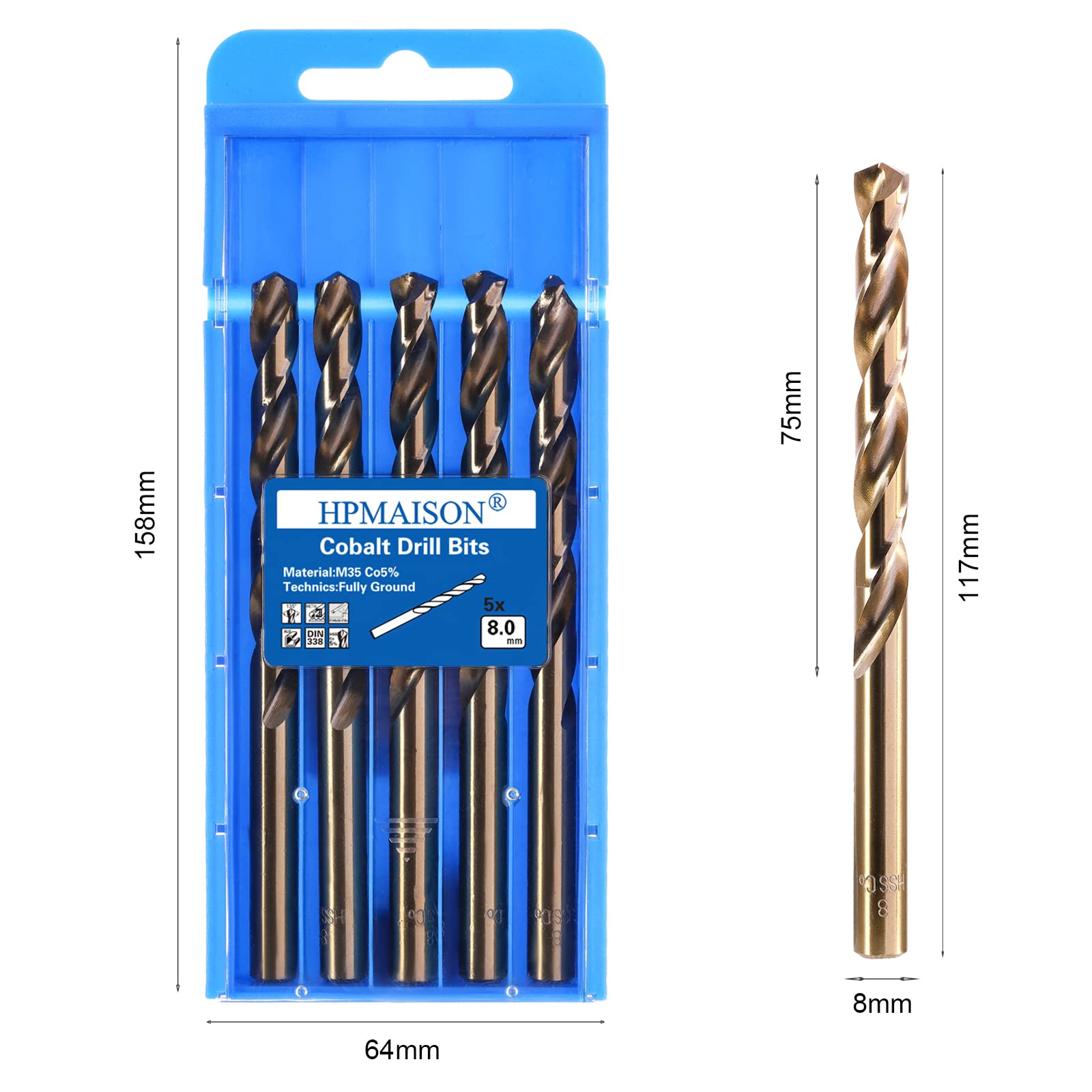 HPMAISON 8mm 5pcs HSS Gold Cobalt Jobber Drill Bit, M35 HSS Metric Straight Shank Twist Drill Bit Set for Drillling Stainless Steel & Hard Metal, Cast Iron, Copper, Aluminum, Wood, Plastic