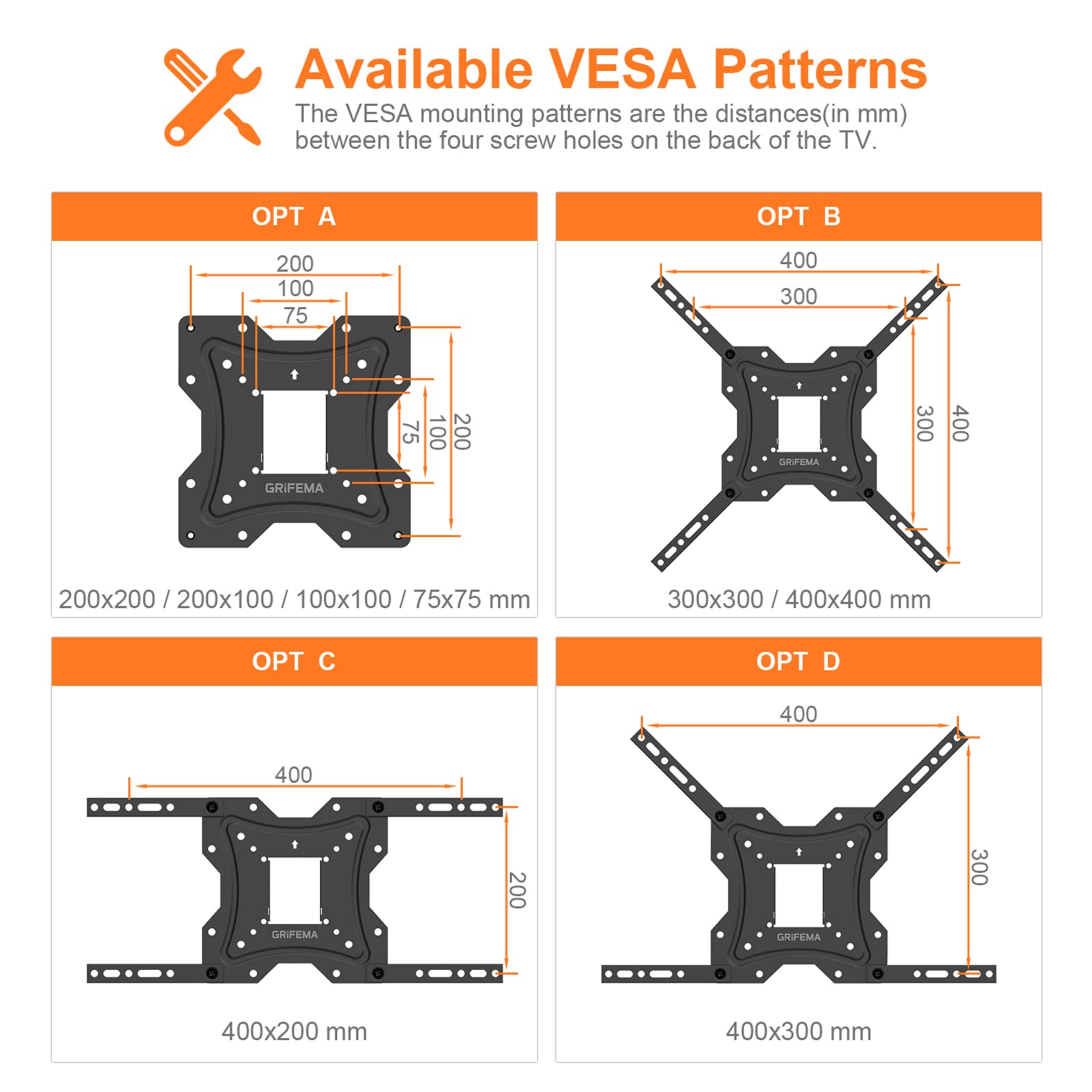 GRIFEMA GB1004 Swivel TV Wall Bracket, for 26-55 inch Screens, for Flat & Curved TV up to 30KG, Tilt (and 5°，-10°), VESA Mount 75x75MM to 400X400MM,Black