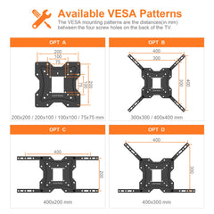 GRIFEMA GB1004 Swivel TV Wall Bracket, for 26-55 inch Screens, for Flat & Curved TV up to 30KG, Tilt (and 5°，-10°), VESA Mount 75x75MM to 400X400MM,Black