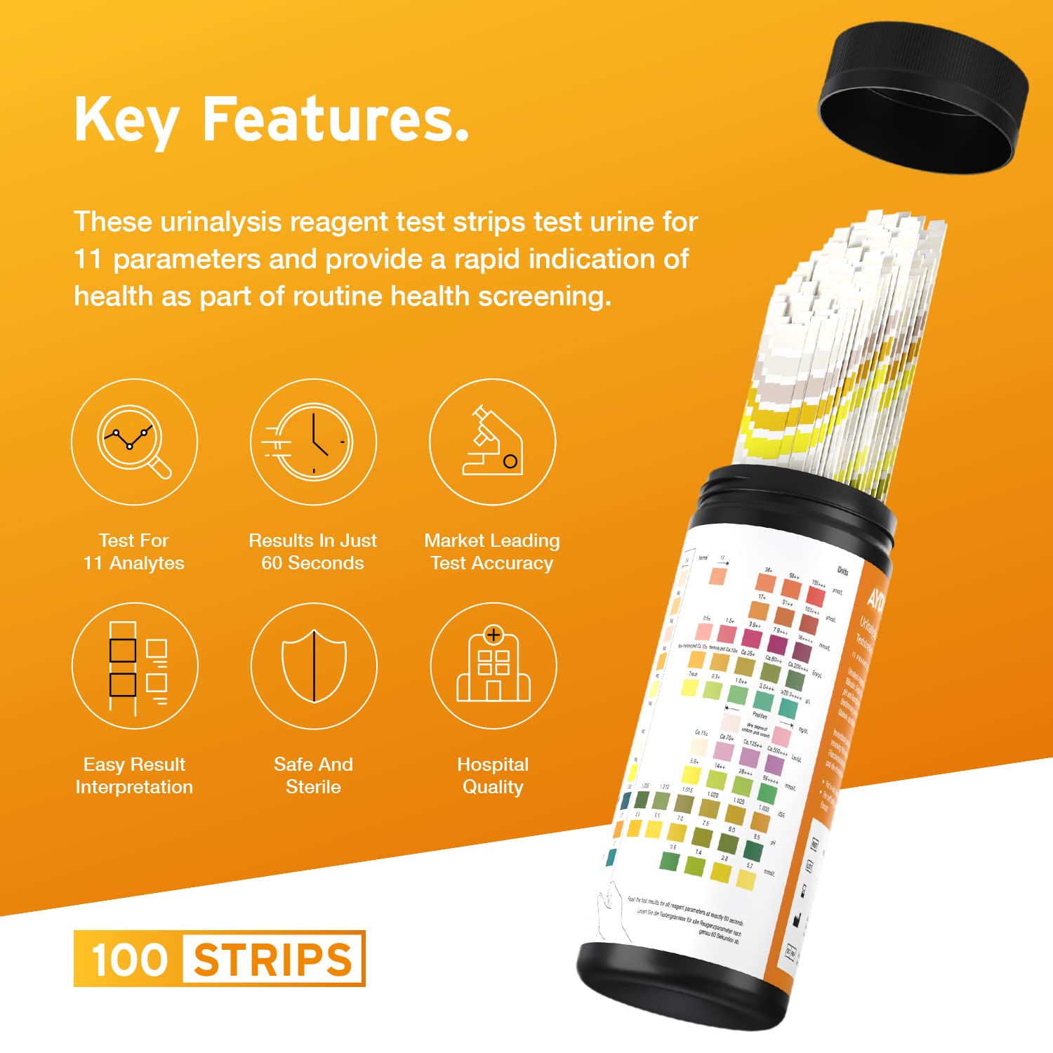 100 x Aydmed 11-in-1 Urinalysis 11 Parameter Urine Test Strips for Urobilinogen, Bilirubin, Ketone, Blood, Protein, Nitrite, Leukocytes, Glucose, Specific Gravity, pH & Ascorbic Acid