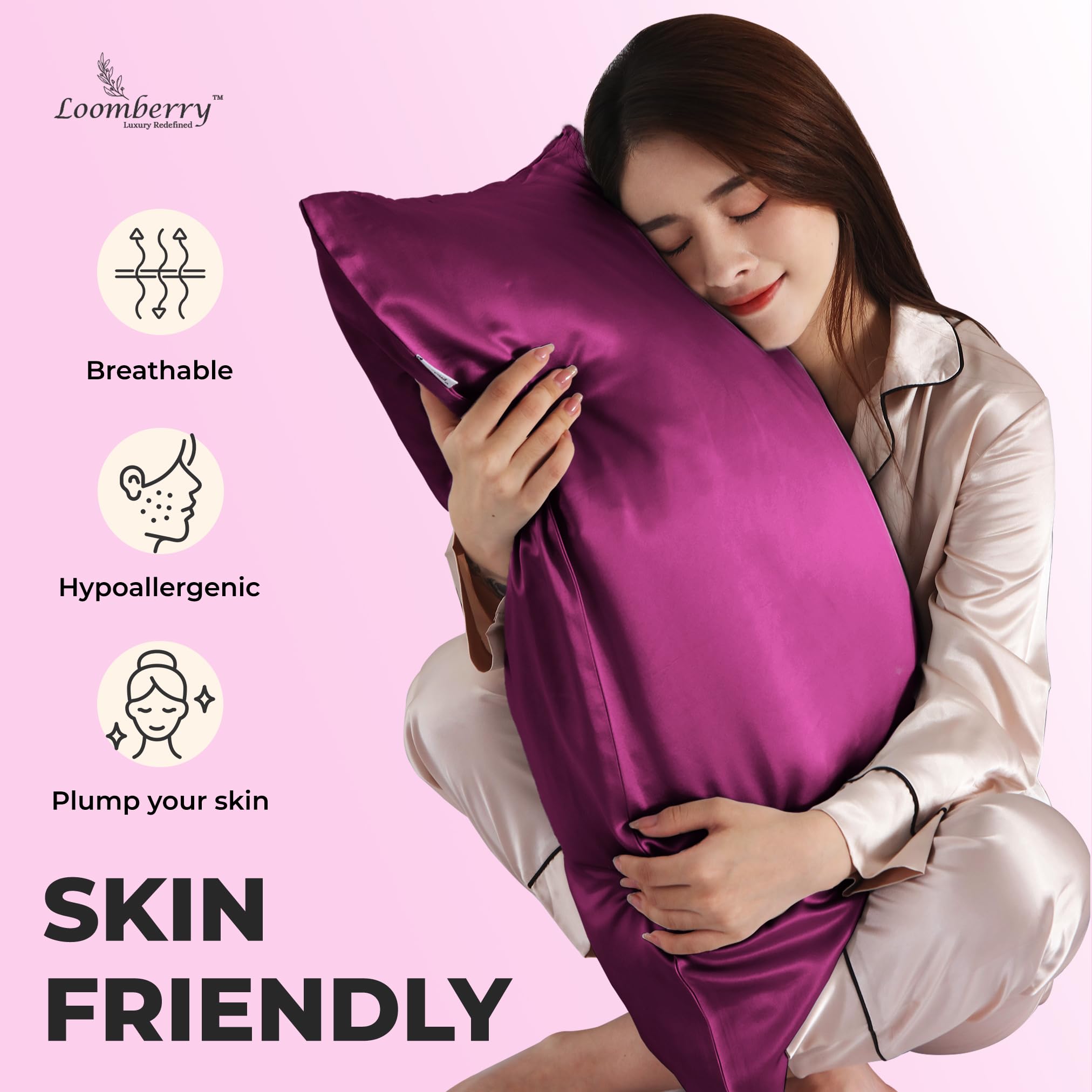 LOOMBERRY 100% Natural 22 Momme Pure Mulberry Silk Pillowcase for Hair and Skin Both Sides 22 Momme Highest Grade 6A with Hidden Zipper (Crimson Purple, Standard (50x66CM))